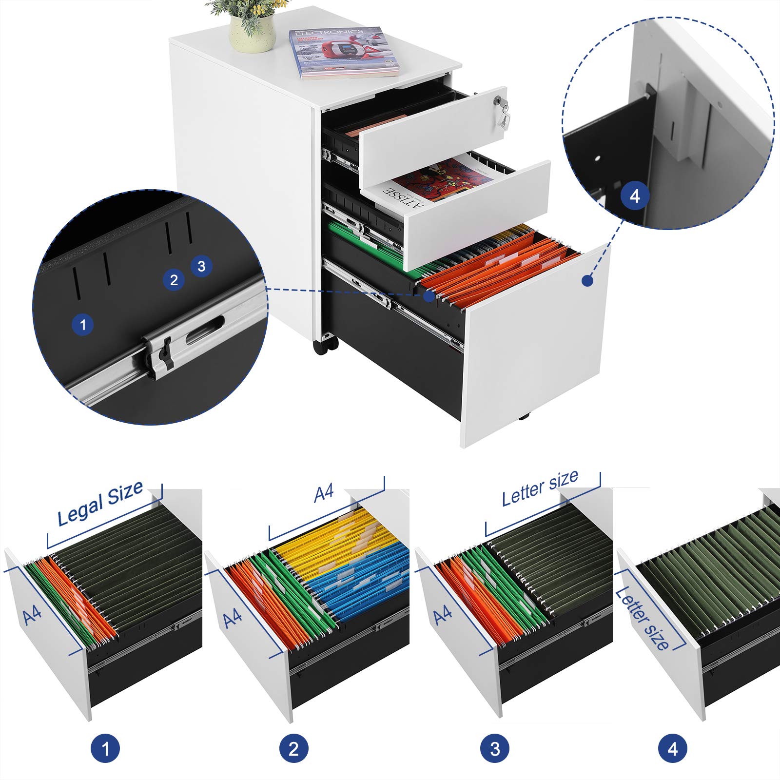 SONGMICS Caisson de Bureau Metal, Caisson de Rangement Mobile, avec roulettes et Serrure, pour Documents et Dossier Suspendu, avec 3 tiroirs, 39 x 52 x 60 cm Blanc OFC60WT
