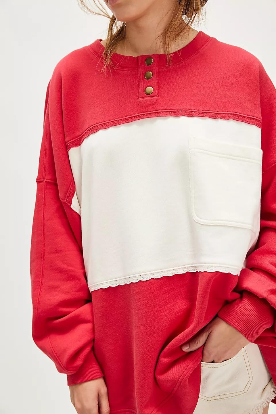 VAOYIU Womens Oversized Colorblock Pullover Sweatshirt Long Sleeve Crewneck with Pocket Casual Vintage Style Top - Image 3