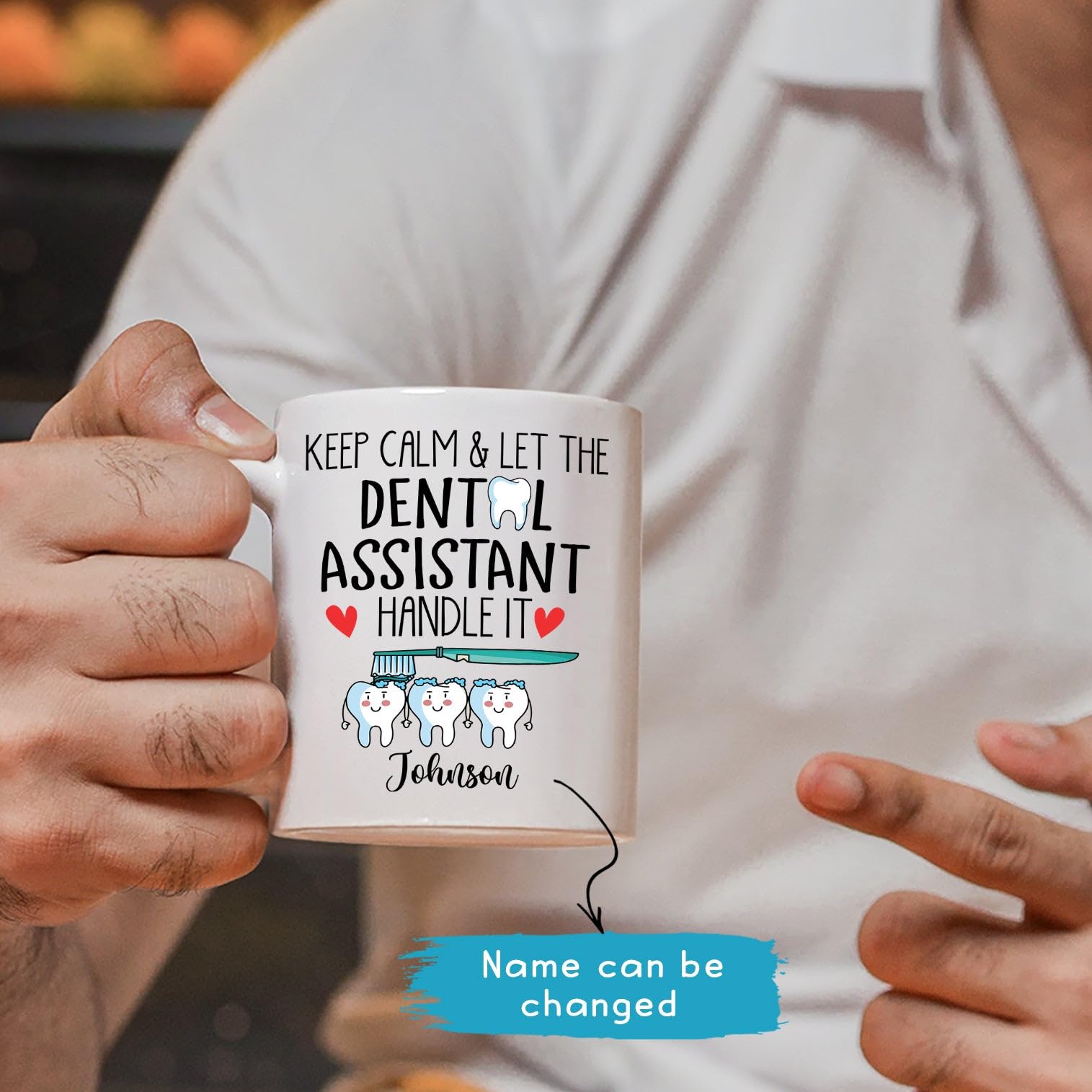 Personalized Dental Assistant Ceramic Mug Gifts, Keep Calm And Let The Dental Assistant Handle It Coffee Mug 11oz 15oz, Tooth Dentist Cup, Dental Hygienist Assistant Gift, Custom Name Dentist Mug