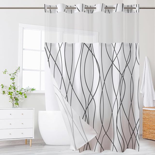 Rideau de douche avec Snap dans Linge amovible pour baignoires de salle de bain, Linges de douche rideau avec 2 Aimants, tissu imperméable en polyester avec fenêtre supérieure en mesh, (Grey White, 71" W X 74" H)