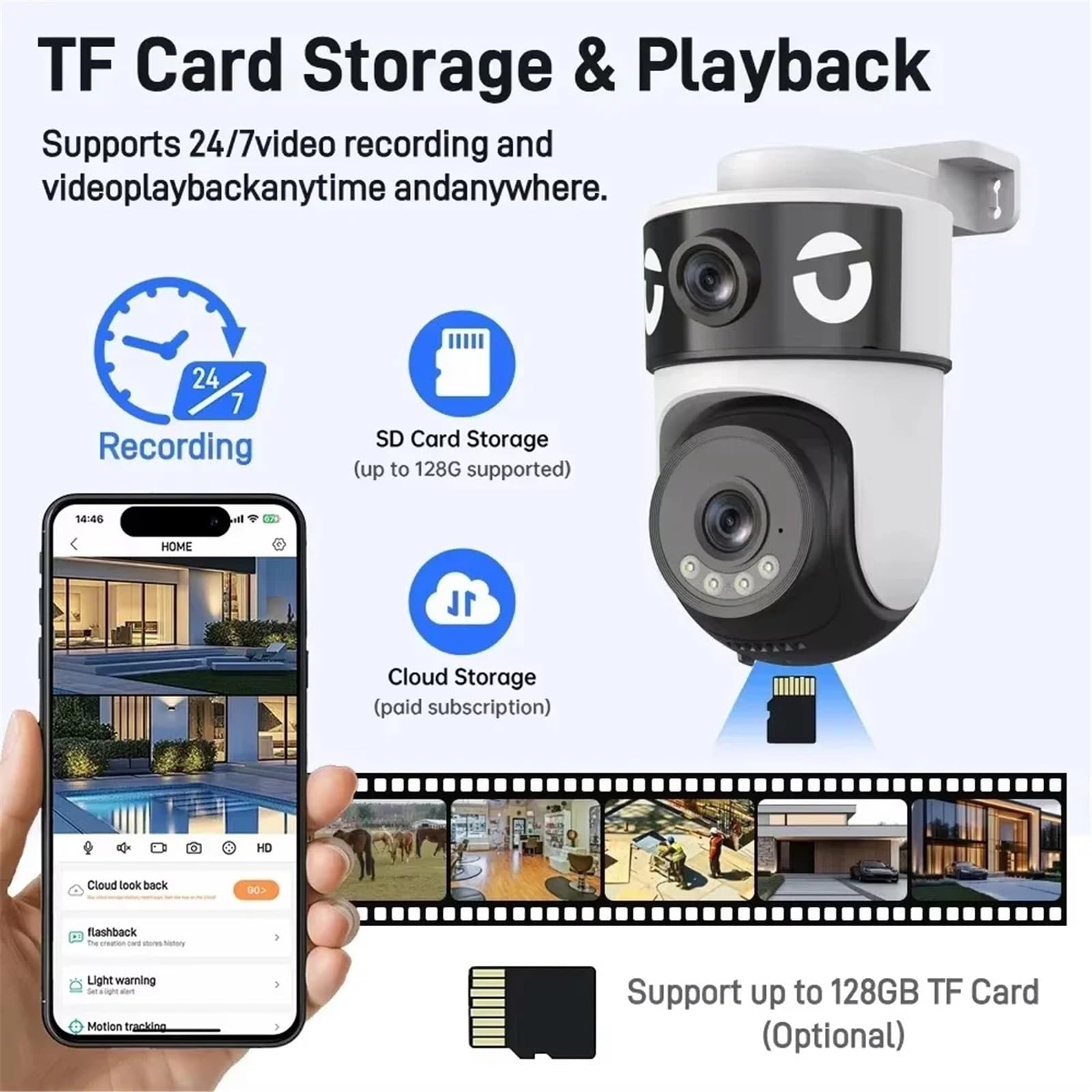 Telecamera IP PTZ di sicurezza WiFi da 10MP esterna Dual Lens 5K Allarme tracciamento automatico Outdoor IP66 Visione notturna Starlight impermeabile per magazzino commerciale(10MP WIFI 64G Card)