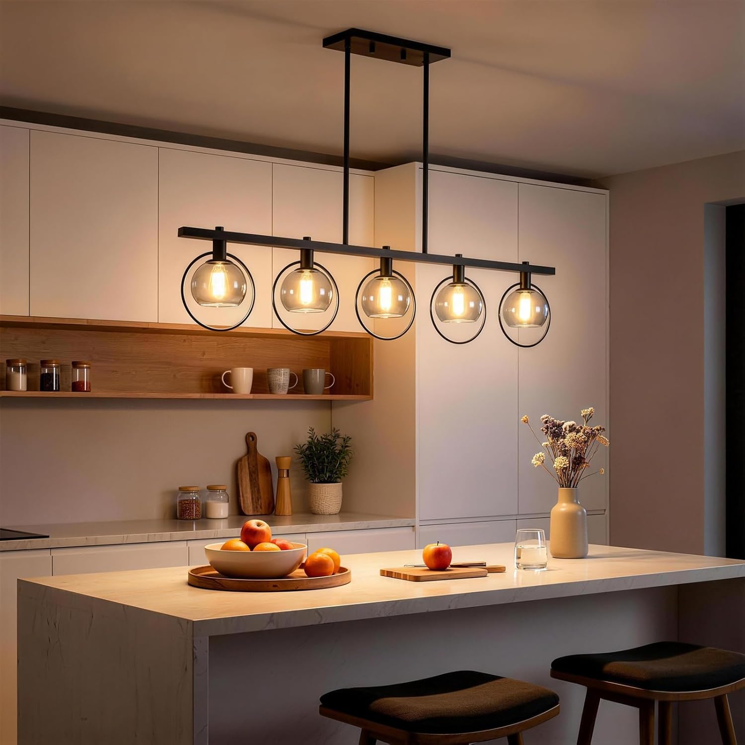 ropelux Dining Room Light Fixture, 5-Light Chandelier for Kitchen Island Over Table with E12 Socket(Bulb not Included), Black Rustic Hanging Pendant Light Fixtures with Clear Gray-Tinted Lampshade