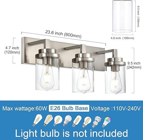Miniatura 6 de Lámpara de tocador de baño, aplique de pared de 3 luces de níquel cepillado con pantalla de vidrio transparente, lámpara de pared para espejo,