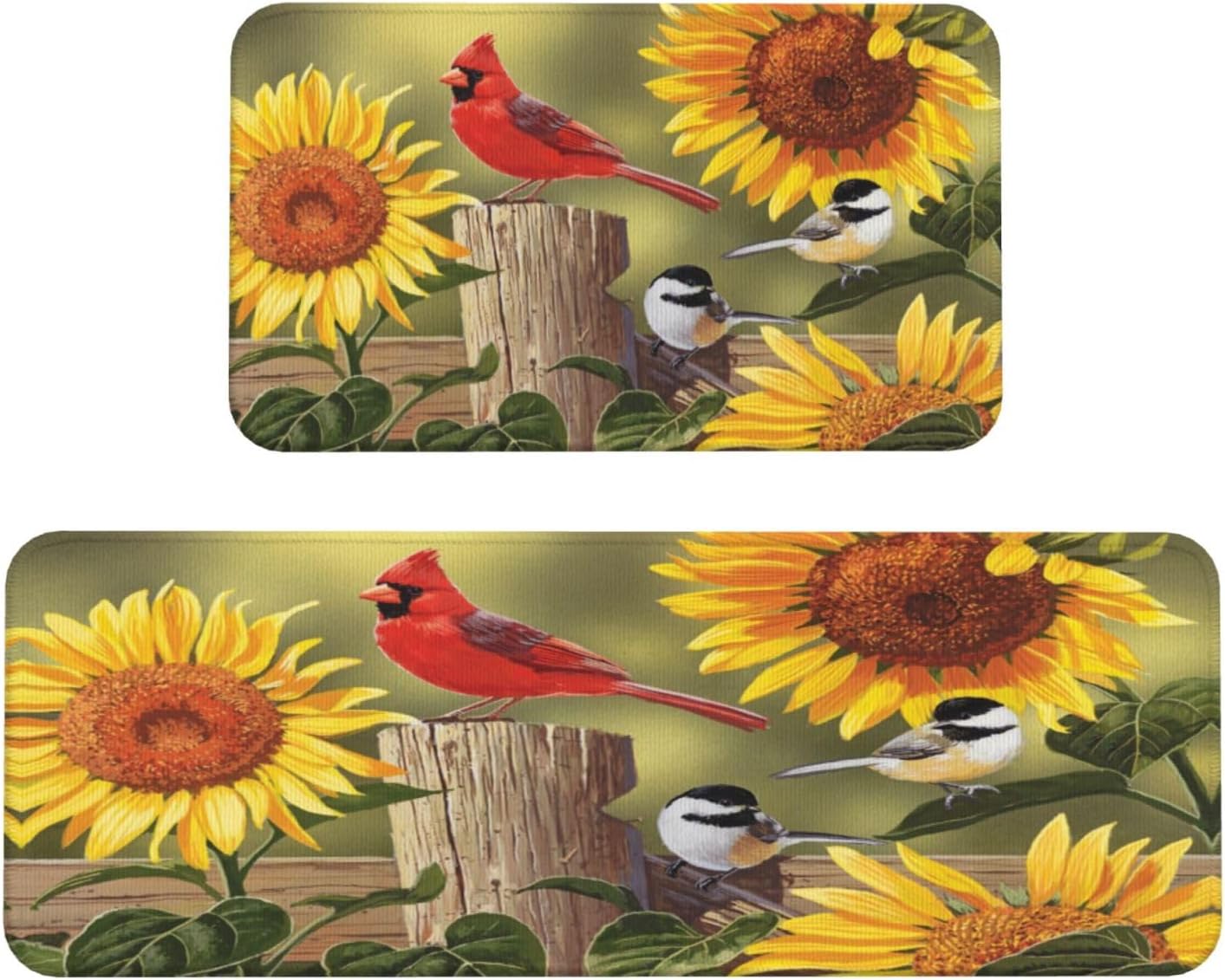 Rustic Sunflowers Flowers Cardinal Birds Kitchen Rugs Microfiber Floor Mats Cushioned Carpet Runner Rug for Laundry Bathroom Living Room, 2 Piece Set 17"X 47" + 17"X 30"