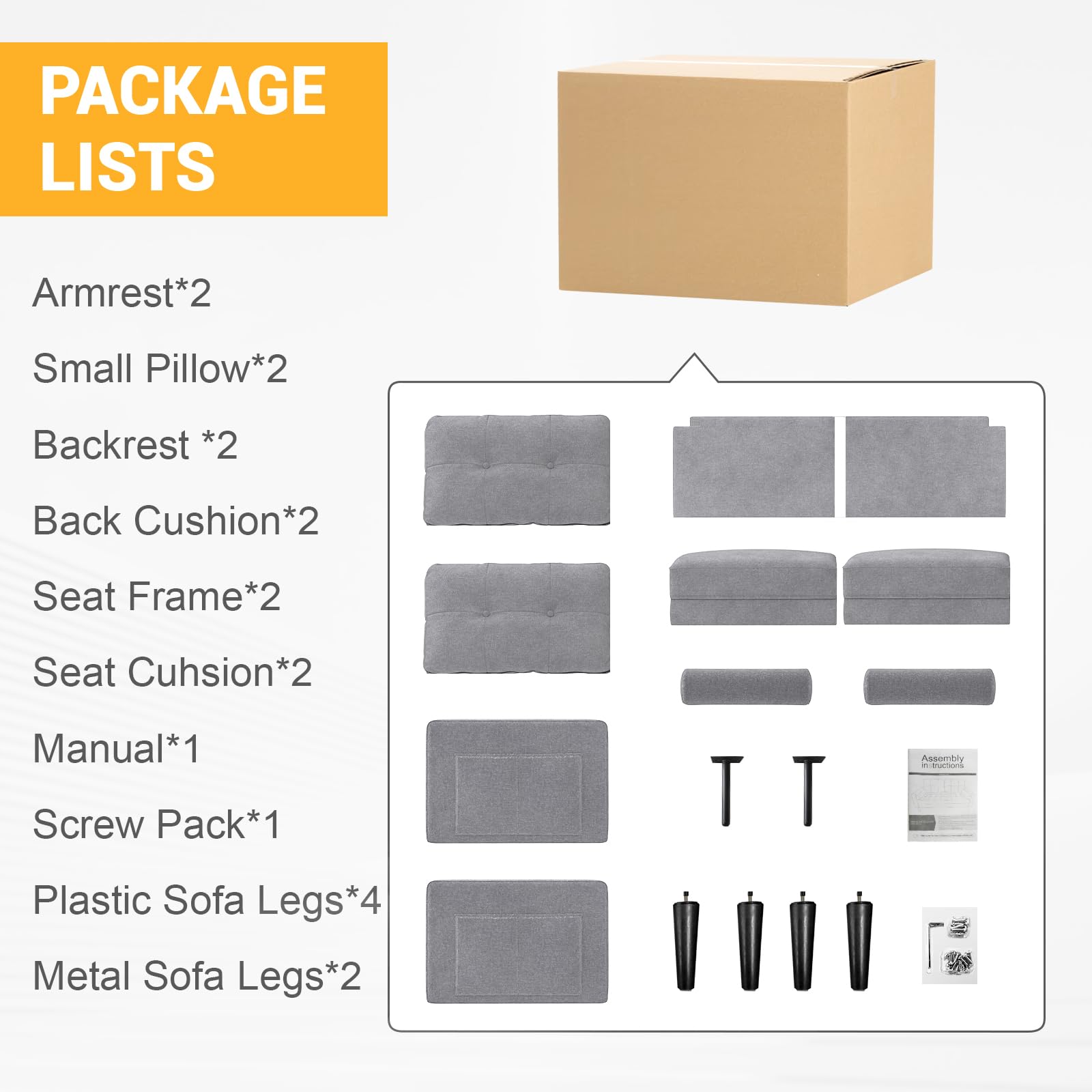 2-Sitzer Sofa, Dicke Kissen, 2 Kissen & Taschen (Grau) | Bequemes Leinen-Sofa, 2-Sitzer mit 2 Kissen, Seitentaschen, Ergonomisches Design & Einfache Montage für Wohnzimmer & Büro