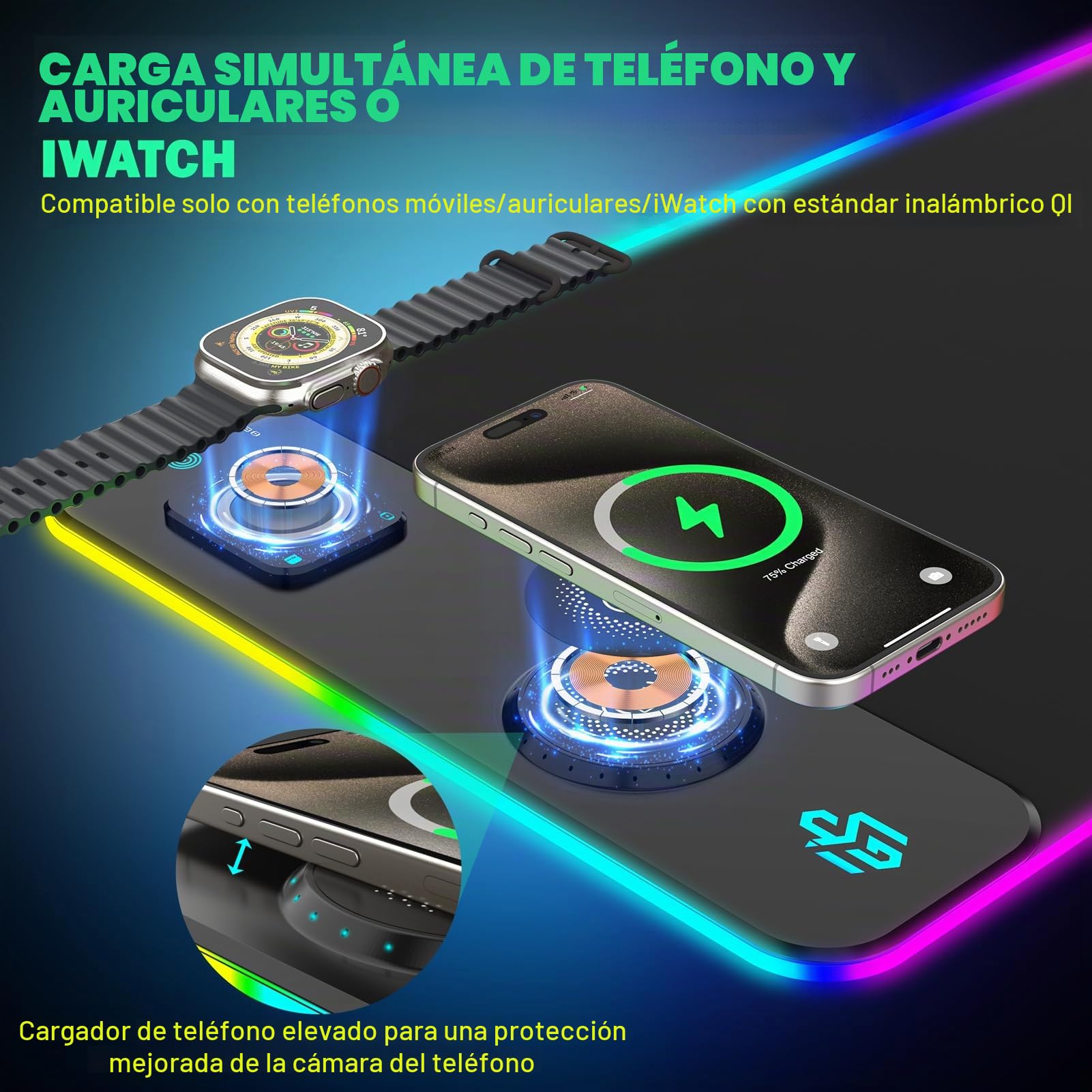 Alfombrilla de ratón RGB Gaming 15W Qi Mousepad LED, 10 modos de iluminación con carga rápida de 15W Qi carga inalámbrica para I-Phone teléfono móvil, auriculares, impermeable, antideslizante para