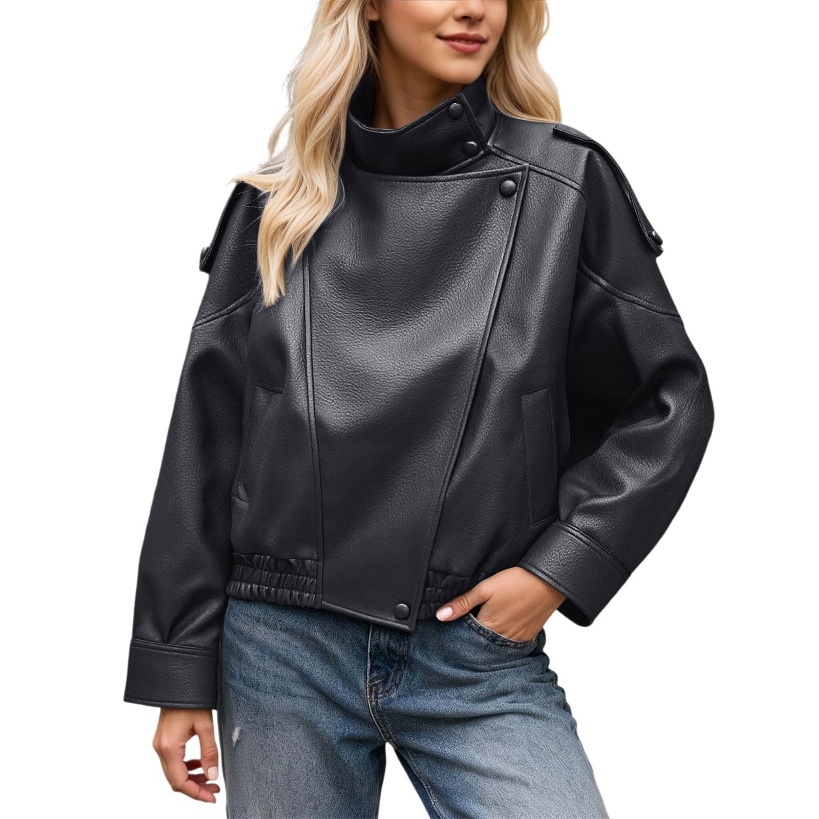 Generisch Chaqueta de piel para mujer, retro, cuello alto, abrigo corto, chaqueta de piel sintética, moderna para otoño e invierno, manga larga, abrigo de moto, chaqueta de entretiempo, chaqueta