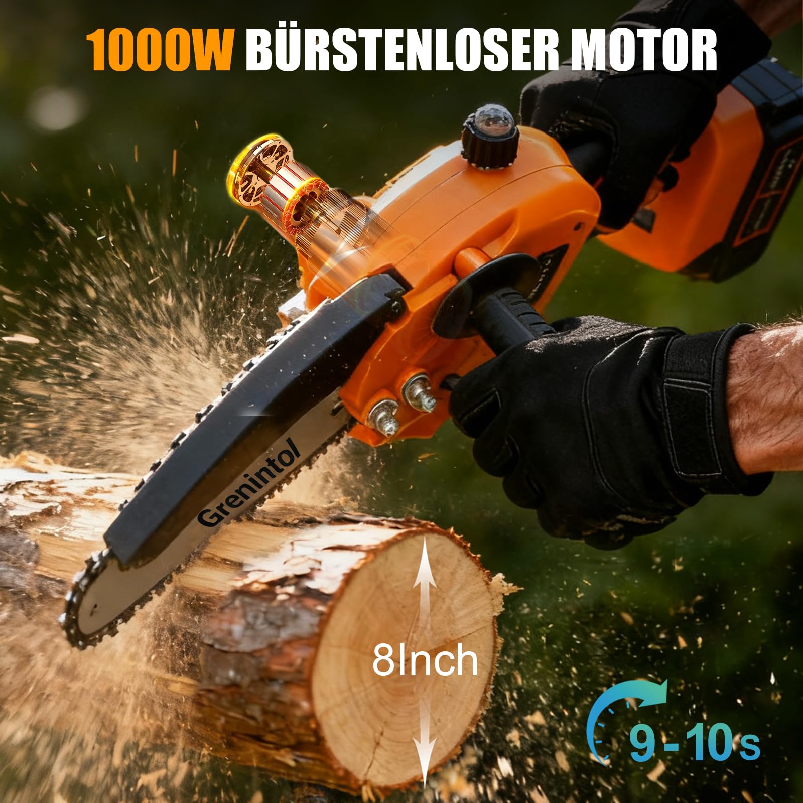 Mini Motosega 8 Pollici, Motosega a Batteria con 2×3000mAh, Motosega Elettrica 1000W Brushless, Sega a Catena a Una Mano, Lubrificazione Automatica, per Potatura, Giardino e Legno