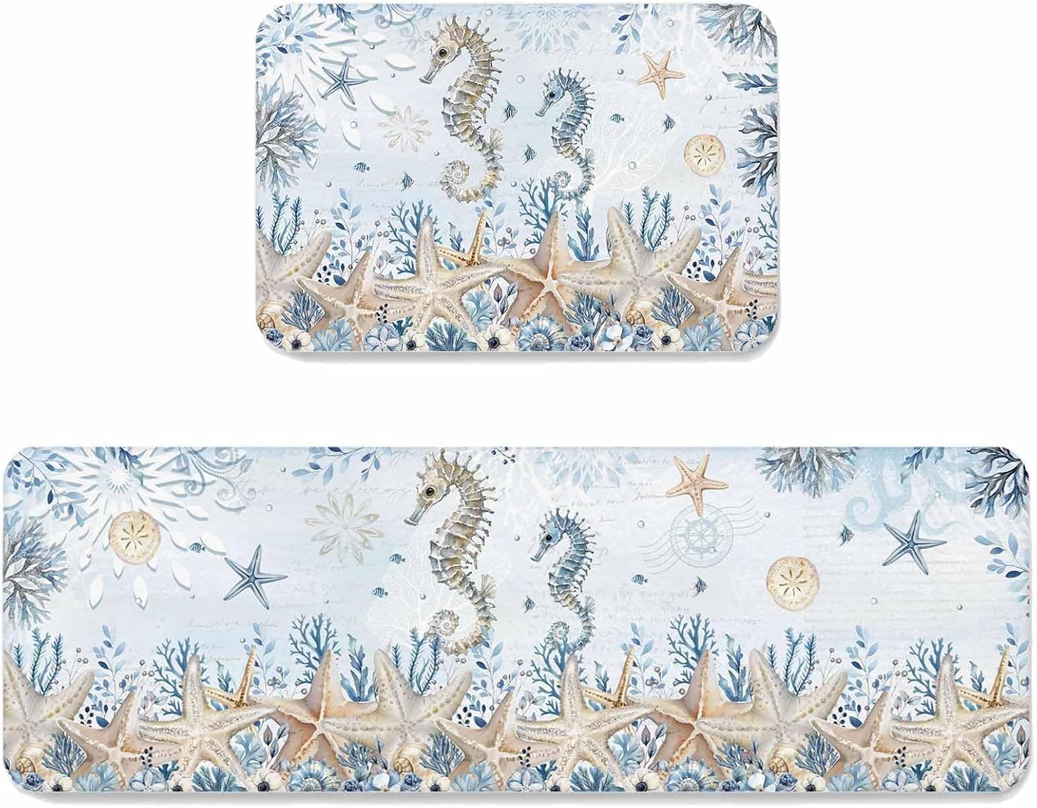 Marine Life Kitchen Mats Set of 2 Watercolor Ocean Seahorse Coral Starfish Seashell Coastal Non Slip Mat Washable Floor Rug for Kitchen Sink Floor Laundry, 20"x24"+20"x48"