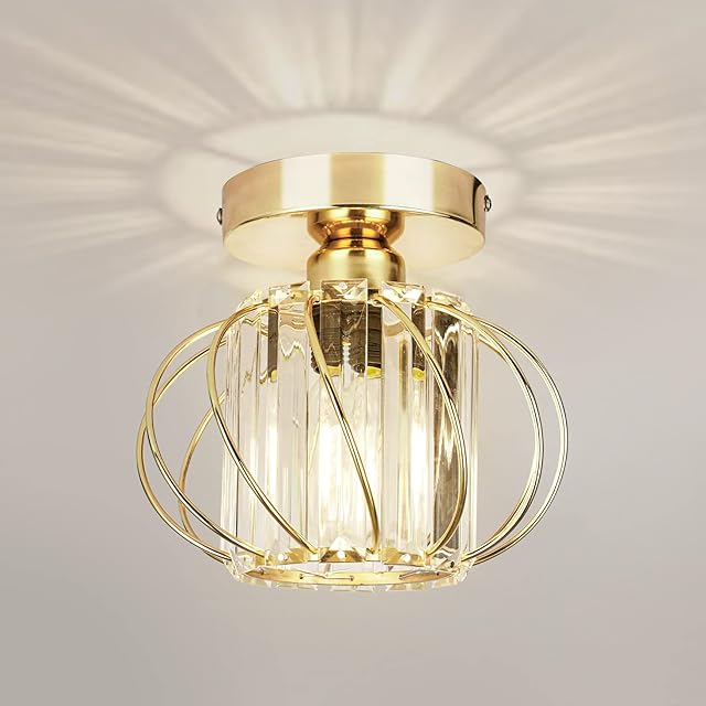 FRIDEKO HOME Modern Crystal Ceiling Light Fixture- Industrial Mini Semi Flush Mount Ceiling Lighting LED Crystal Chandeliers Fitting for Kitchen Hallway Dining Rooms Living Room - Gold