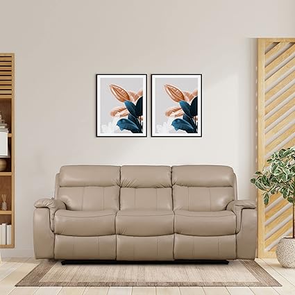 HomeTown Plush Leather Three Seater Electric Recliner in Beige Colour