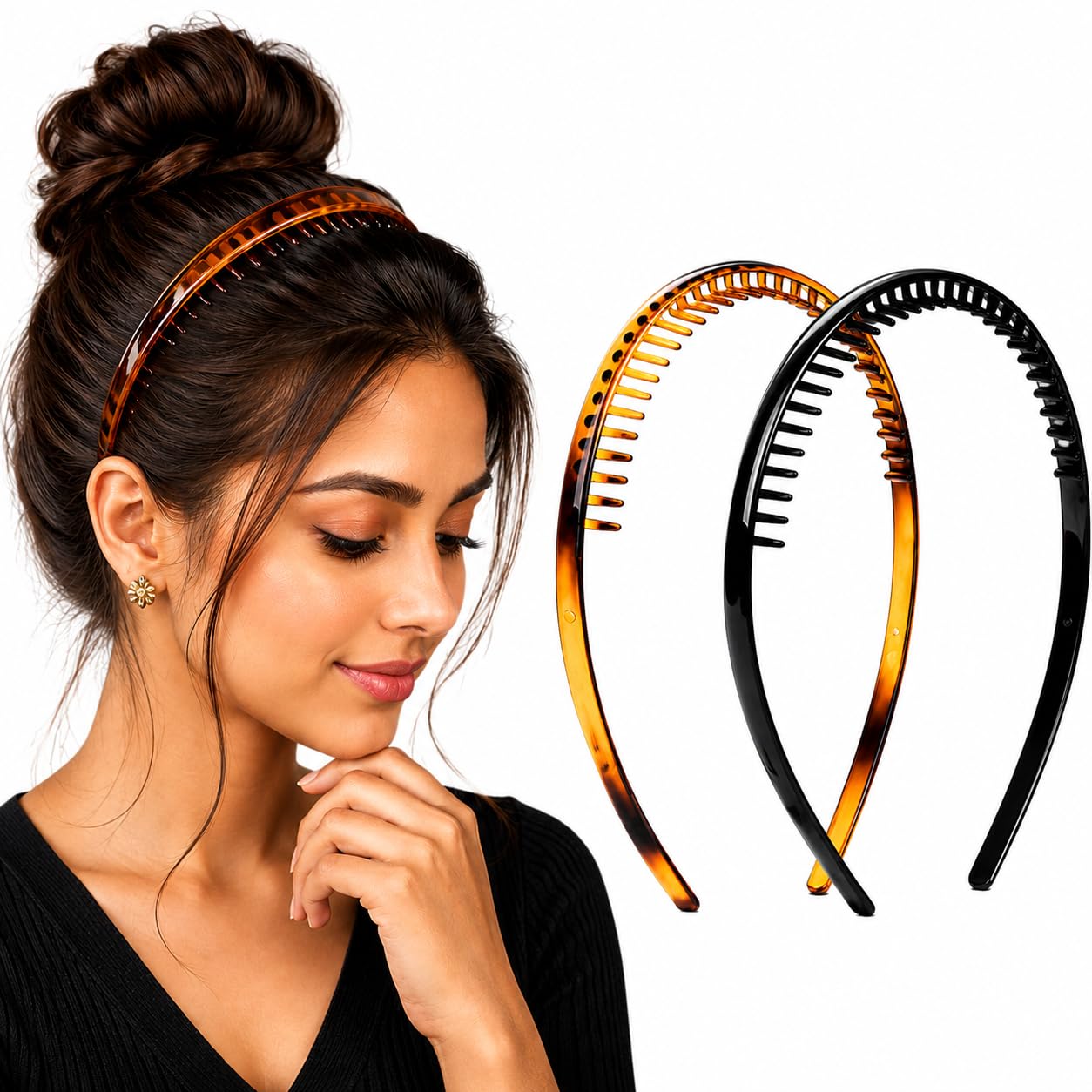 BAKEFY- 2 Pcs Comb Plastic Headband for Women Girls, 2 Pack Teeth Hair Band, Hair Hoop Headband, Non Slip Hair Accessories, Fashion Hair Band for Daily Wear (Black & Brown)