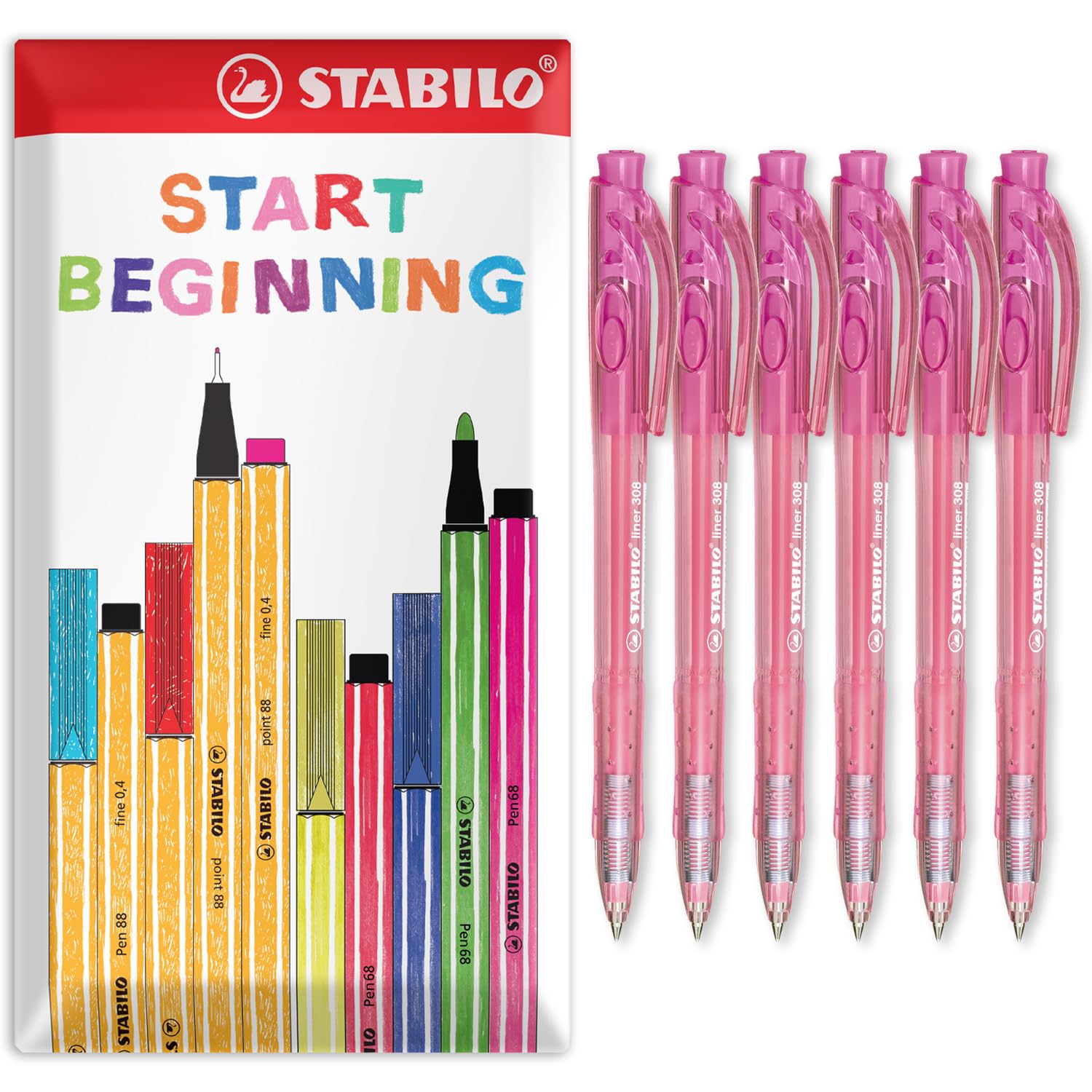 STABILO liner 308 - Retractable Ballpoint Pen - Fine 0.7mm Nib Pens - Envelope Gift Pack of 6 (Pink)