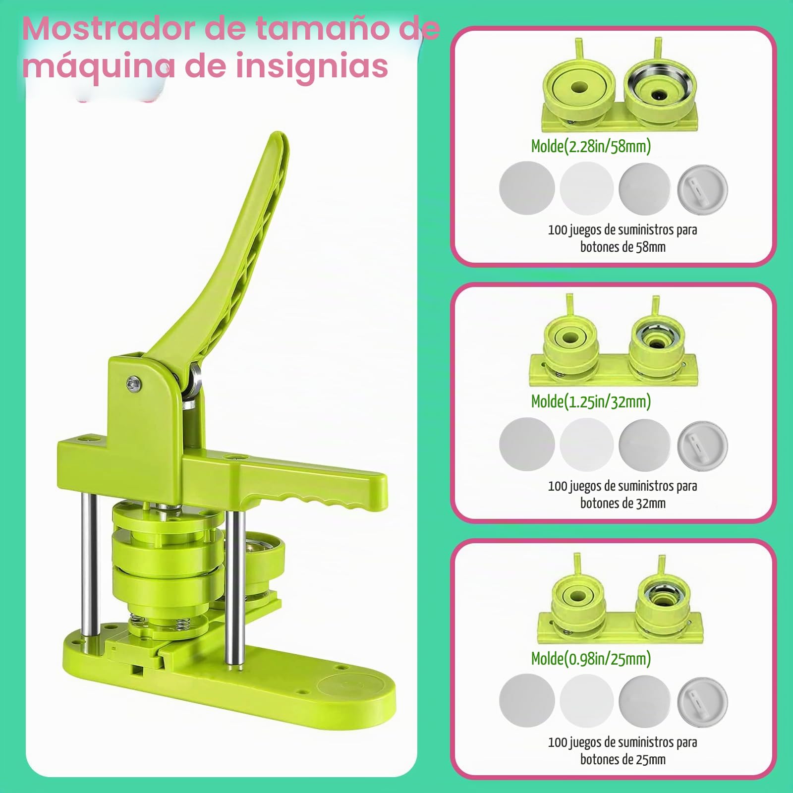 Máquina para Hacer Botones, 58mm/32mm/25mm DIY Fabricante de Pins y Distintivos Prensa de Troquelado Sin Instalación con 300 Piezas de Botones (Verde)