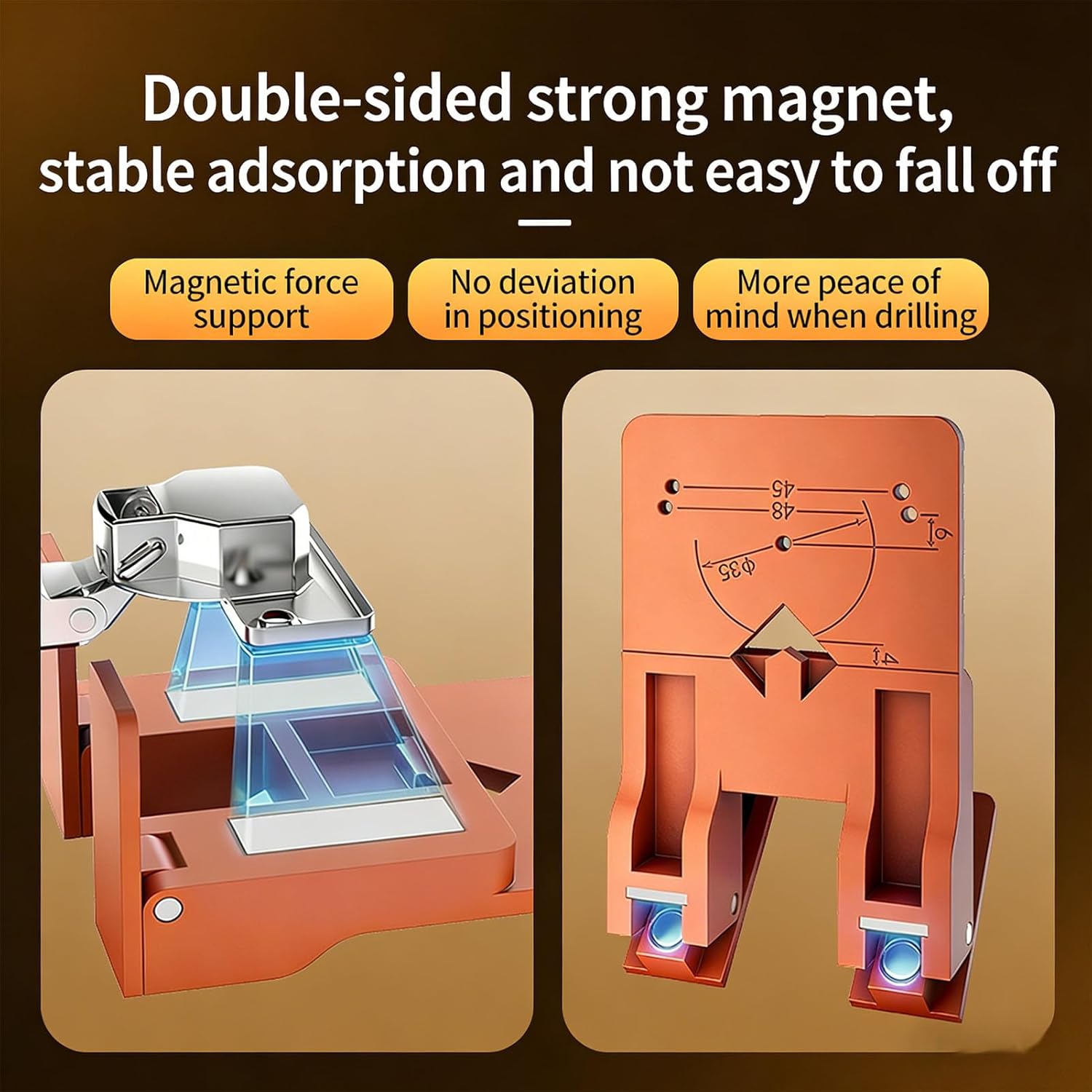 FTVOGUE Hinge Installation Jig Kit, Stainless Steel ABS Rubber Cabinet Door Hinge Drill Locator with Magnet for Woodworking Projects, Adjustable Hole Depth 10 15mm Edged Distance 3 17mm