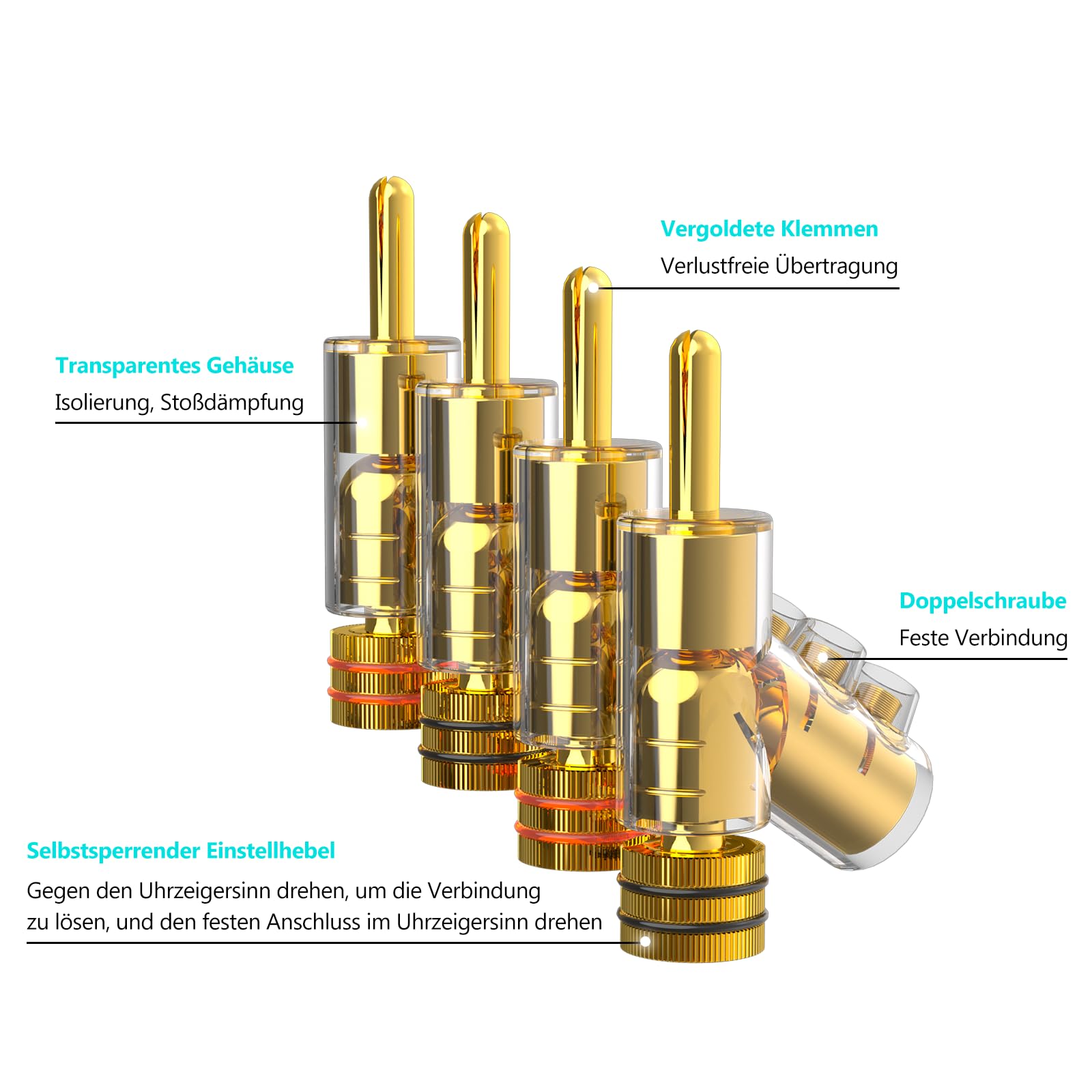 Monosaudio BA1403G Winkel-Bananenstecker, 24K Vergoldet, 8er Pack