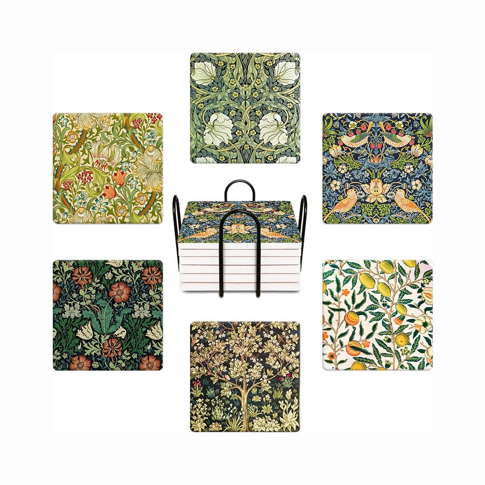 HUXJOKO Coasters for Drinks Set of 6,William Morris Floral Pattern Absorbent Ceramic Coaster,Square Stone Mat,with Cork Base and Metal Holder for Coffee Table Room Bar Home Decor Housewarming Gifts