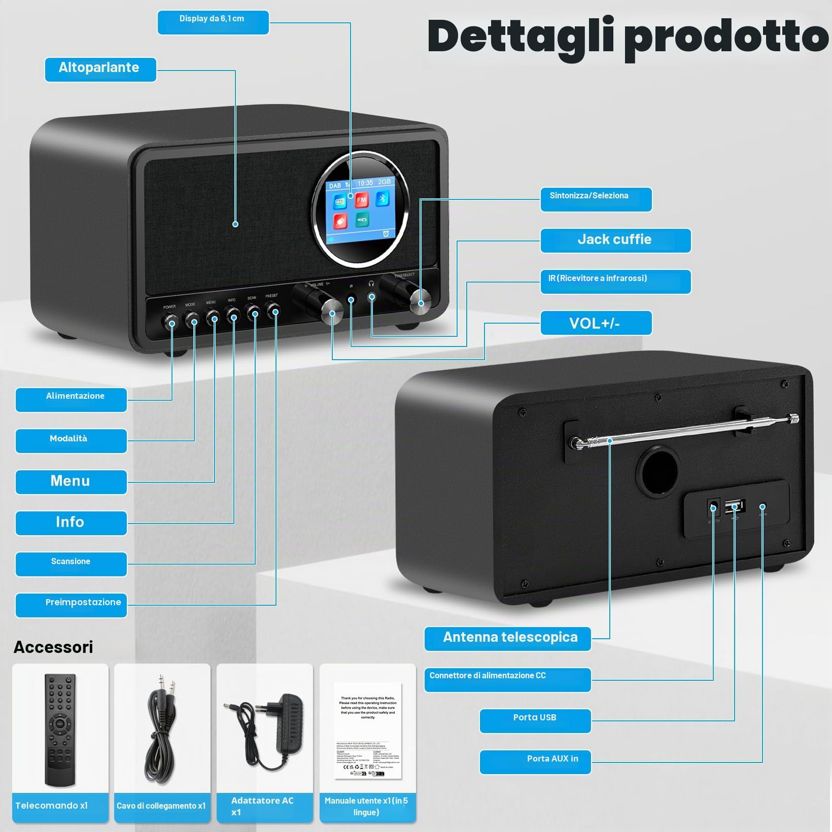 Radio DAB Plus FM Bluetooth Digitale da Cucina con Telecomando e Sveglia Snooze USB Aux Nero