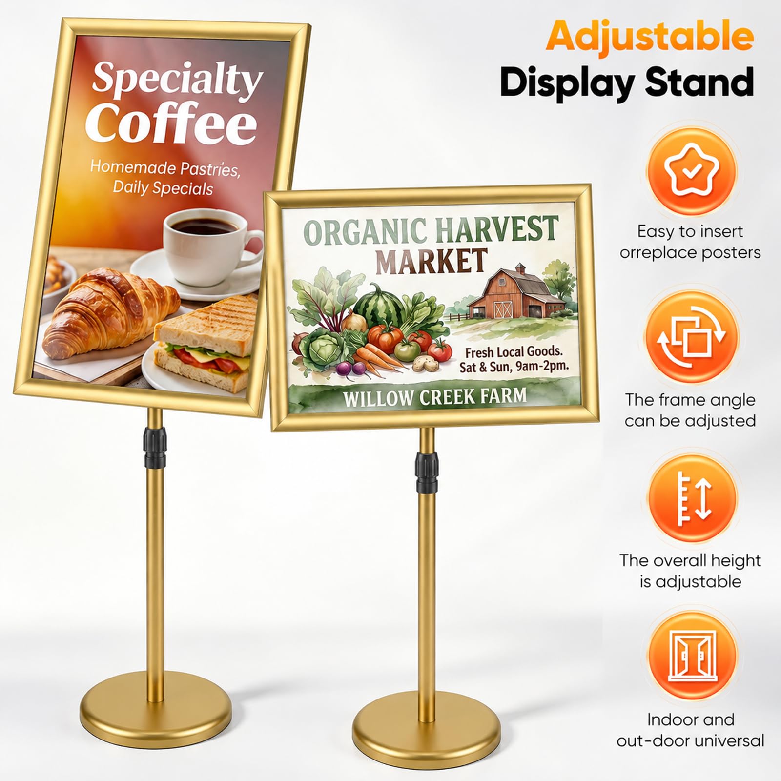 Infoständer DIN A2, Gold Höhenverstellbar Edelstahl Informationsständer mit robuster Standfuß, Bodenstehender Kundenstopper & Werbeständer, Drehbarer Poster Plakatständer