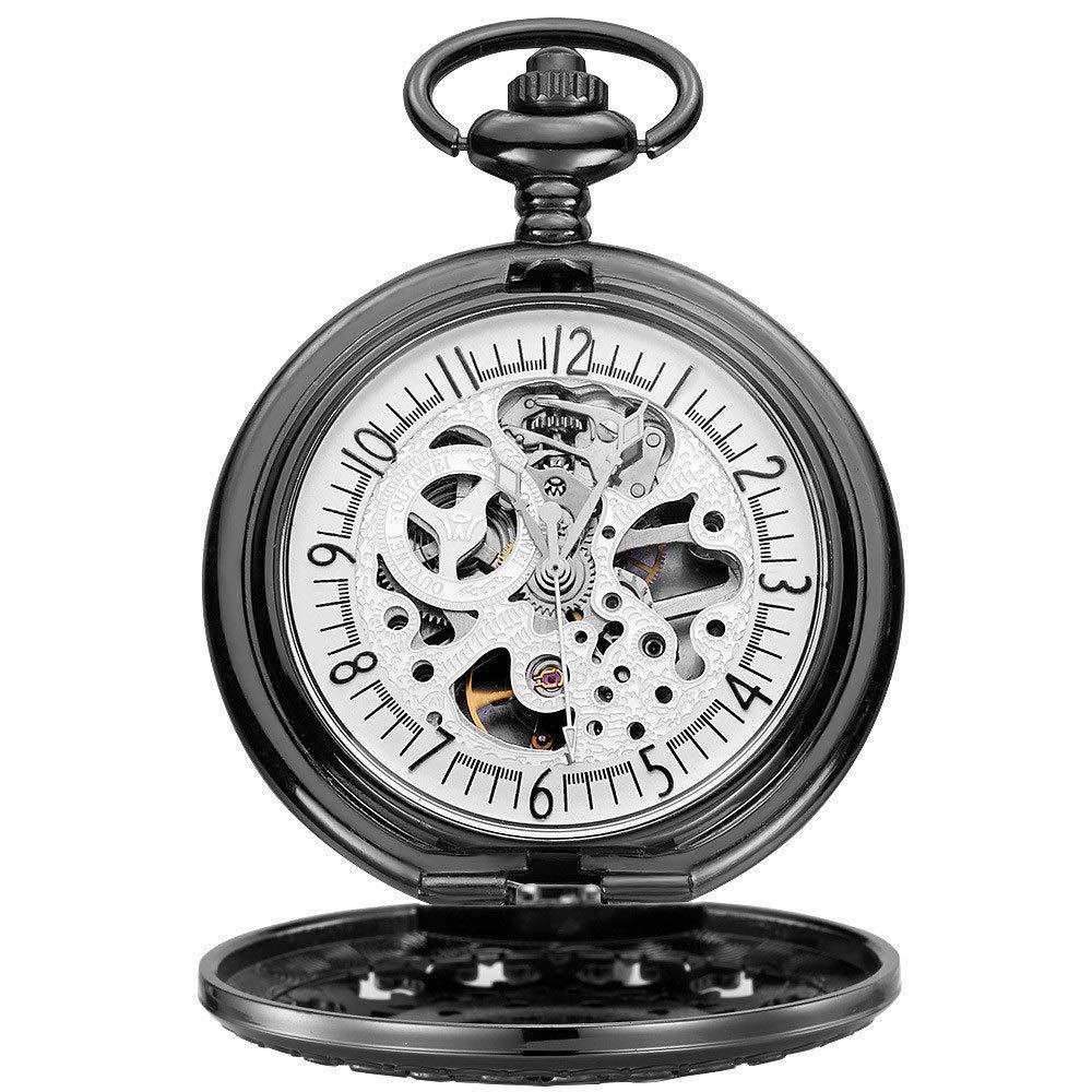 QZH Pocket Watch Mens Hollow Shell Manually Wound Mechanical Pocket Watch  And Chain As A Christmas Pocket Fob Watches (Black shell white surface)