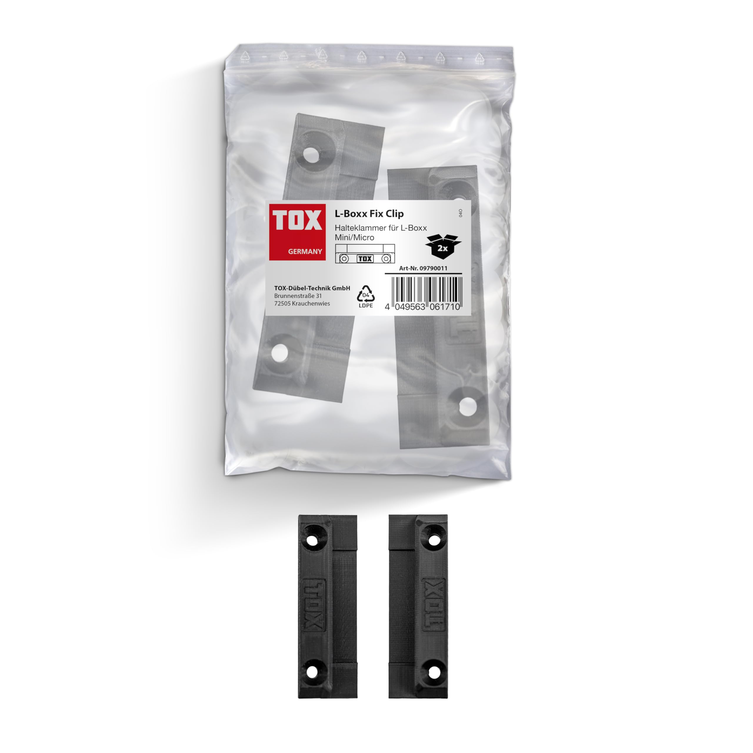 TOX clips de fijación L-BOXX Fix Clip para L-BOXX Mini y Micro, fijación segura de la caja de clasificación al banco de trabajo, pared, etc., de plástico negro, 2 piezas en una bolsa, 09790011