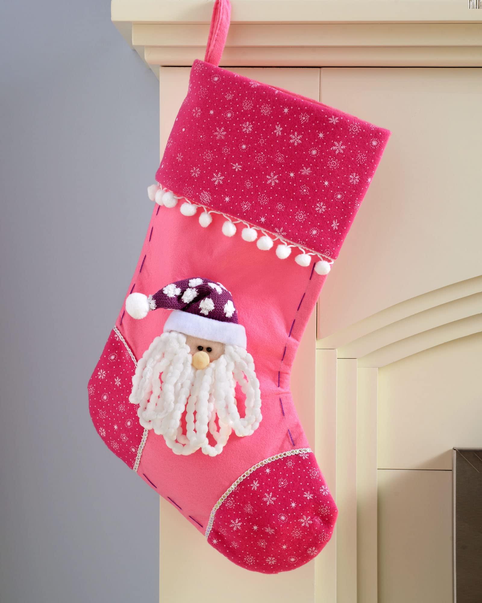 WeRChristmas Christmas Stocking with 3D Santa Head - 48 cm, Hot Pink/Purple, 48 x - Image 2