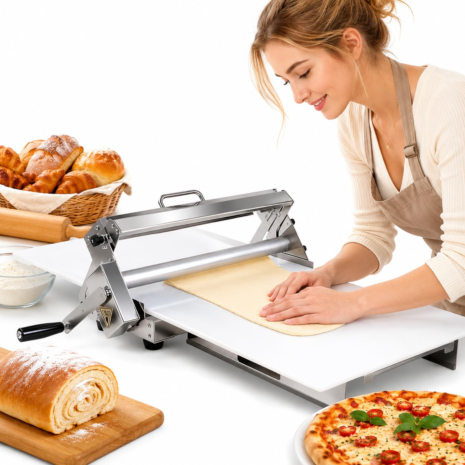 Suyaoquant Manual Dough Sheeter Machine, Compact Dough Sheeter with Sheeter Board, for Bakery, Pizza, Croissant, Stainless Steel Pastry Roller, with Adjustable Thickness 0-25mm
