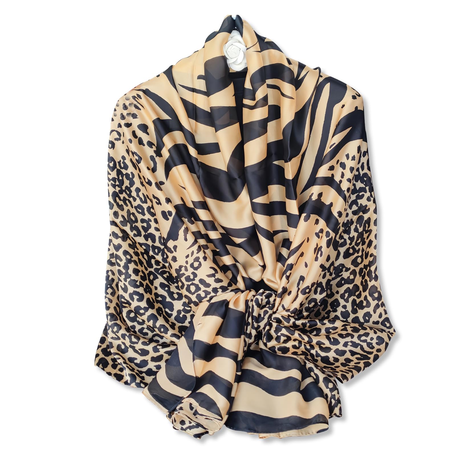 Lumisyne Women's Leopard Khaki Silk Scarves Animal Print Scarf Leopard Peacock Horse Print Long Shawl Warm Wrap Sunscreen Shawl All Season