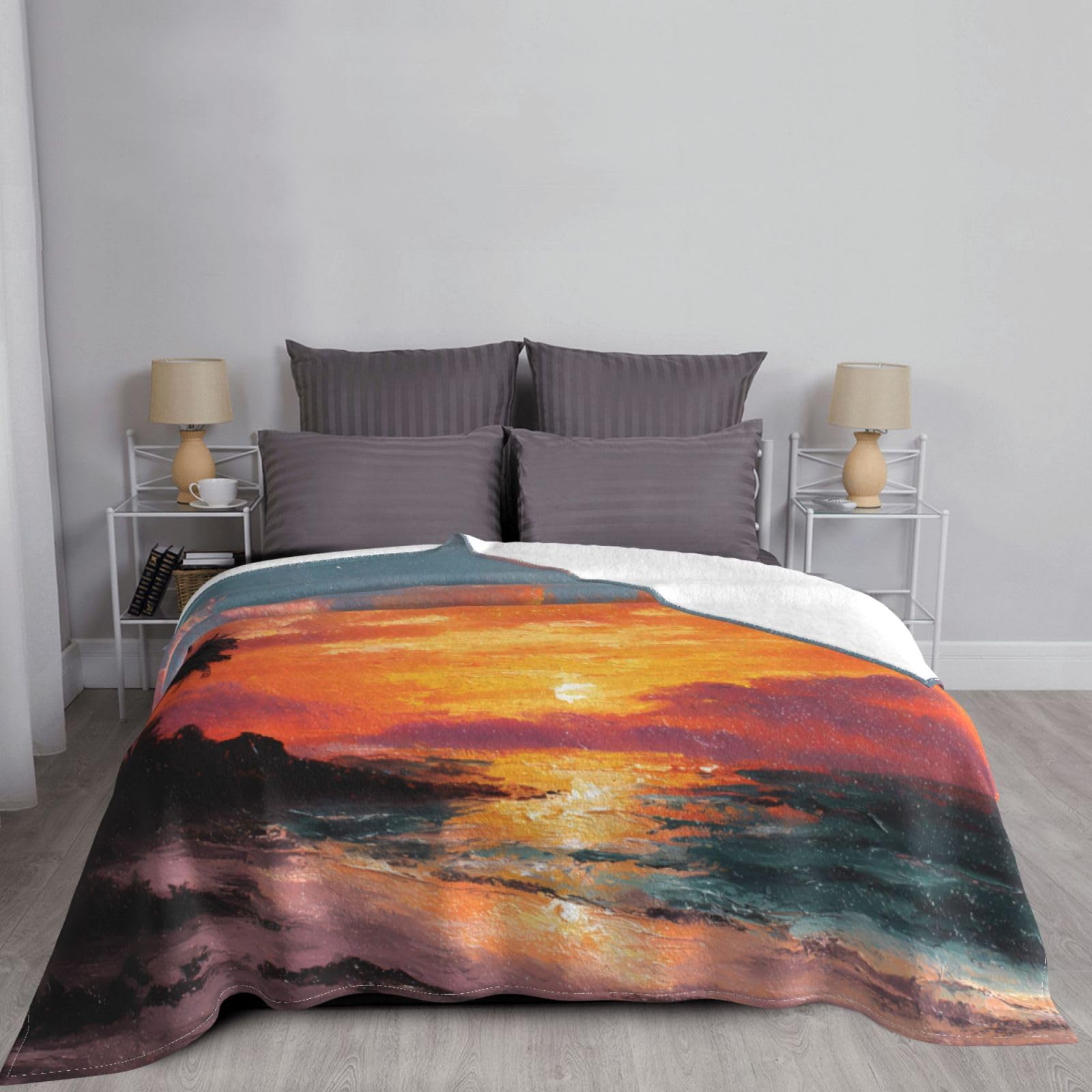 Manta de viaje portátil de 80 x 60 pulgadas, suave, resistente a las arrugas, plegable, exquisita pintura al óleo con estampado de playa