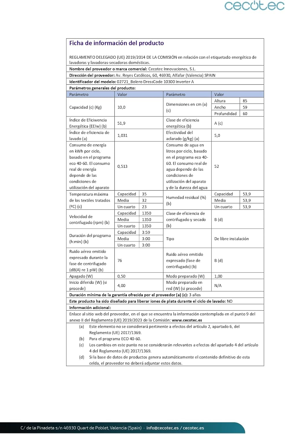 Energy efficiency label for the washing machine, showing Class A rating and consumption details.