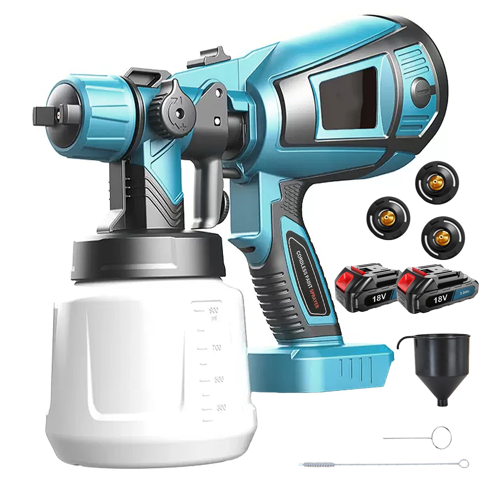 Battery Paint Spray System Replacement for Makita 18 V Battery, with 2 x 3.0 Ah Batteries and Charger, 1000 ml Removable Container, 3 Nozzles (1.0/1.8/2.5 mm) and 3 Spray Patterns, for Painting Walls