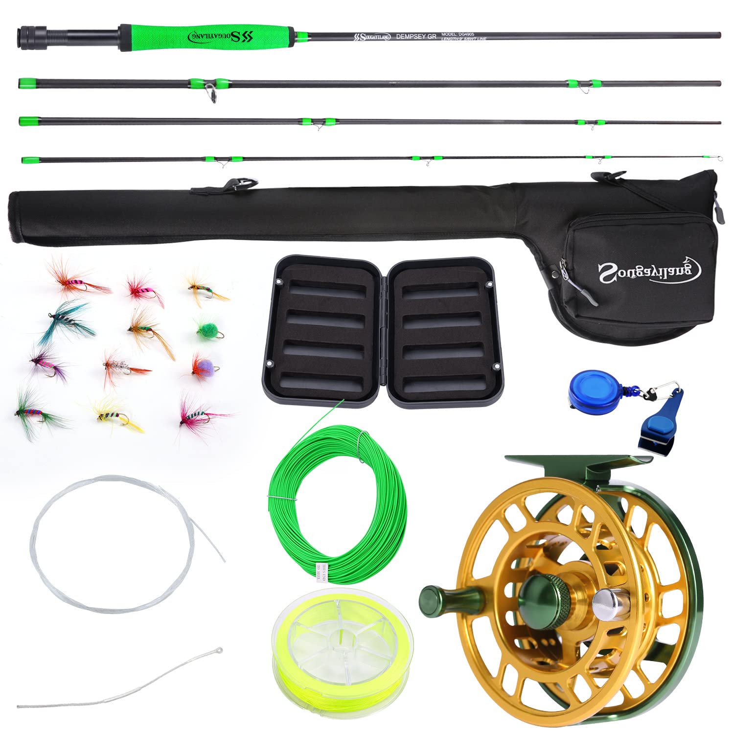 Sougayilang Kit de pesca con mosca estándar, 5/6 de peso, caña de mosca de 9 pulgadas con mango de superpolímero, accesorios, carrete de mosca CNC, bolsa de transporte