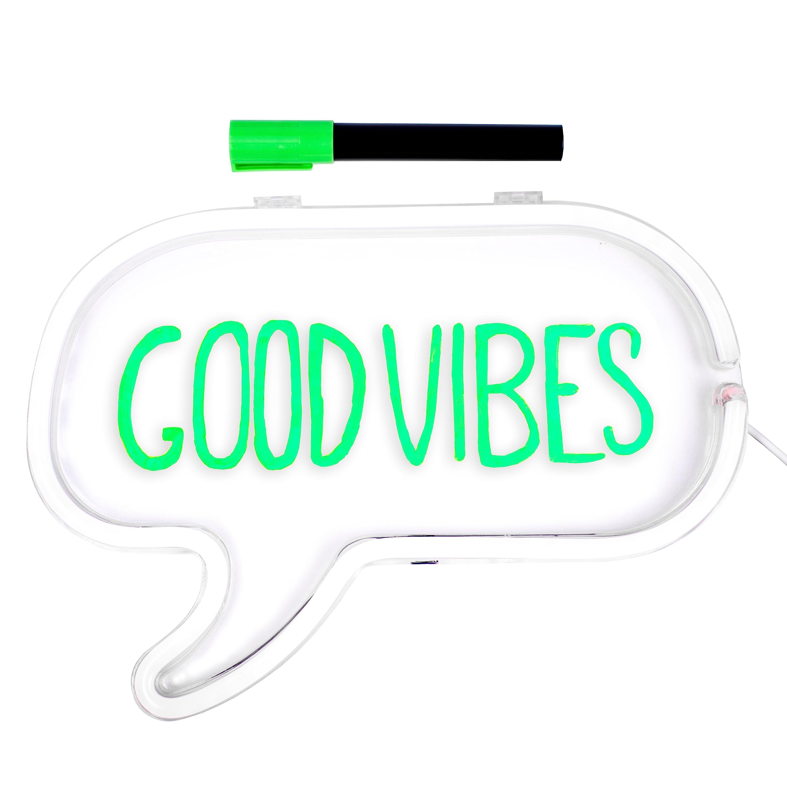 Fizz Creations Neon Speech Bubble Frame Light with Green Pen. Light Up Your Thoughts! Pink Neon Effect Speech Bubble with Wipe Clean Message Board. USB Powered with Included Cable.