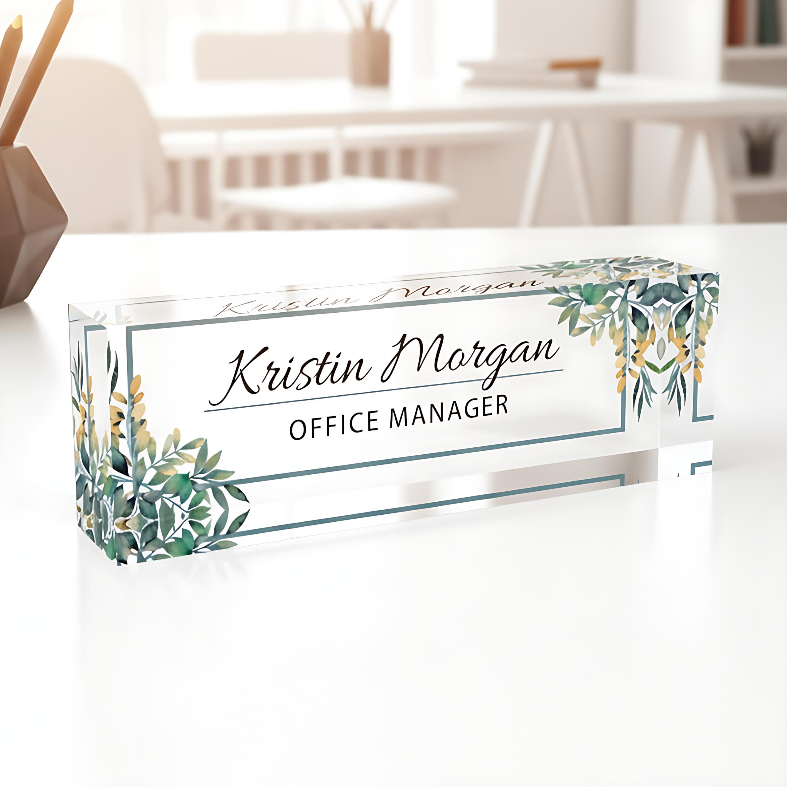 Desk Name Plate for Women, Personalized Plaque, Yellow Floral Name for Desk, Clear Acrylic Name Plate