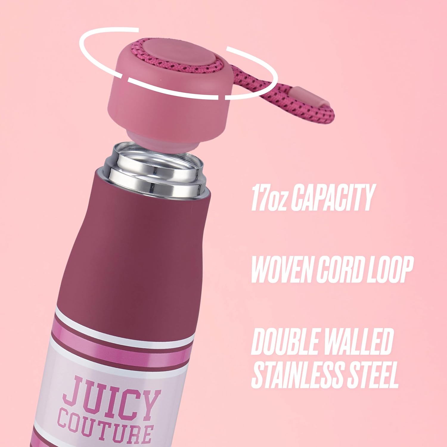 Juicy Couture Luxe Loop Varsity Logo 17oz Water Bottle with Woven Cord Handle, Burgundy - Image 2