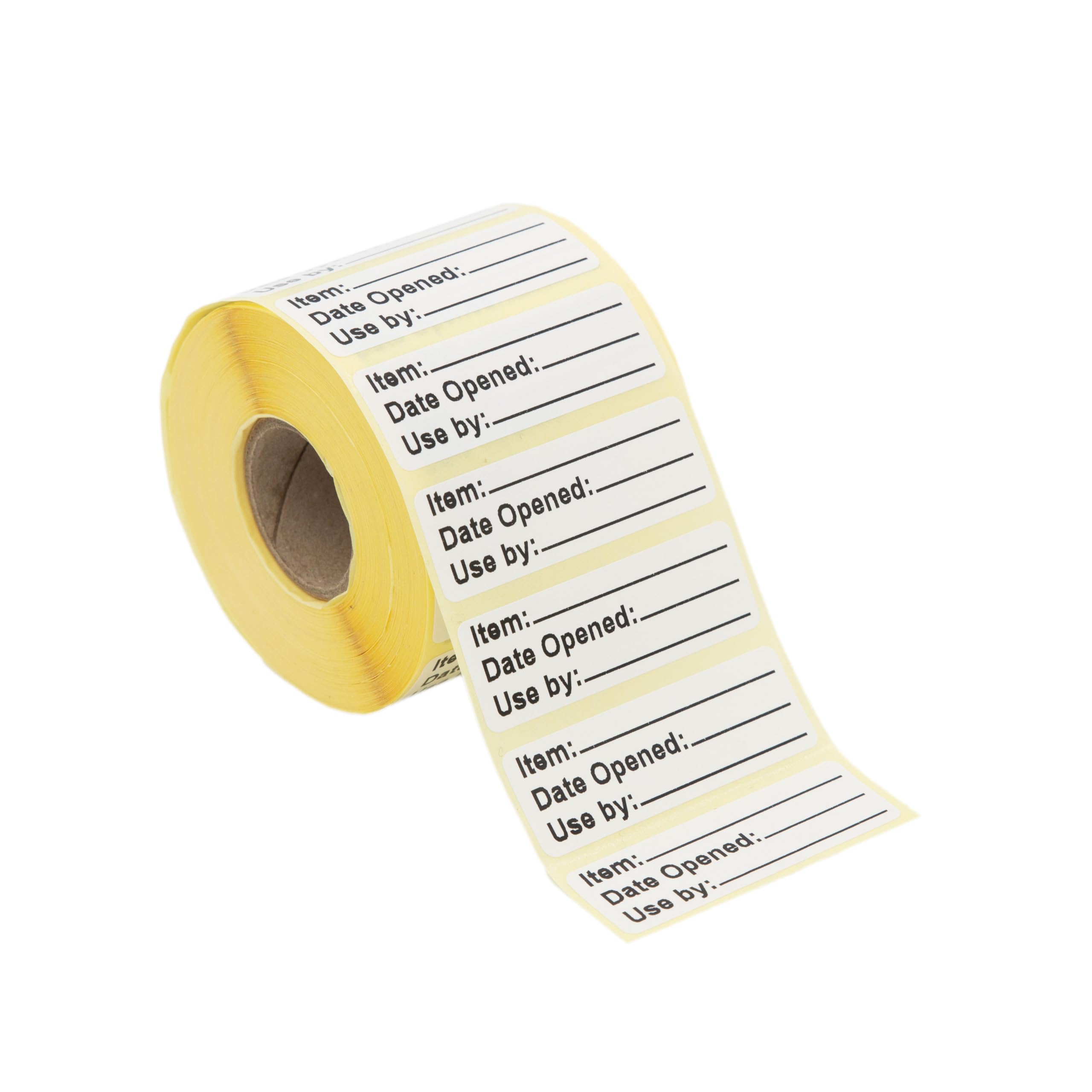 50mm x 17mm Food Content Labels, Printed with Item, Date Opened and Use by. Strong Freezer Grade Adhesive. 1,000 Labels per roll.
