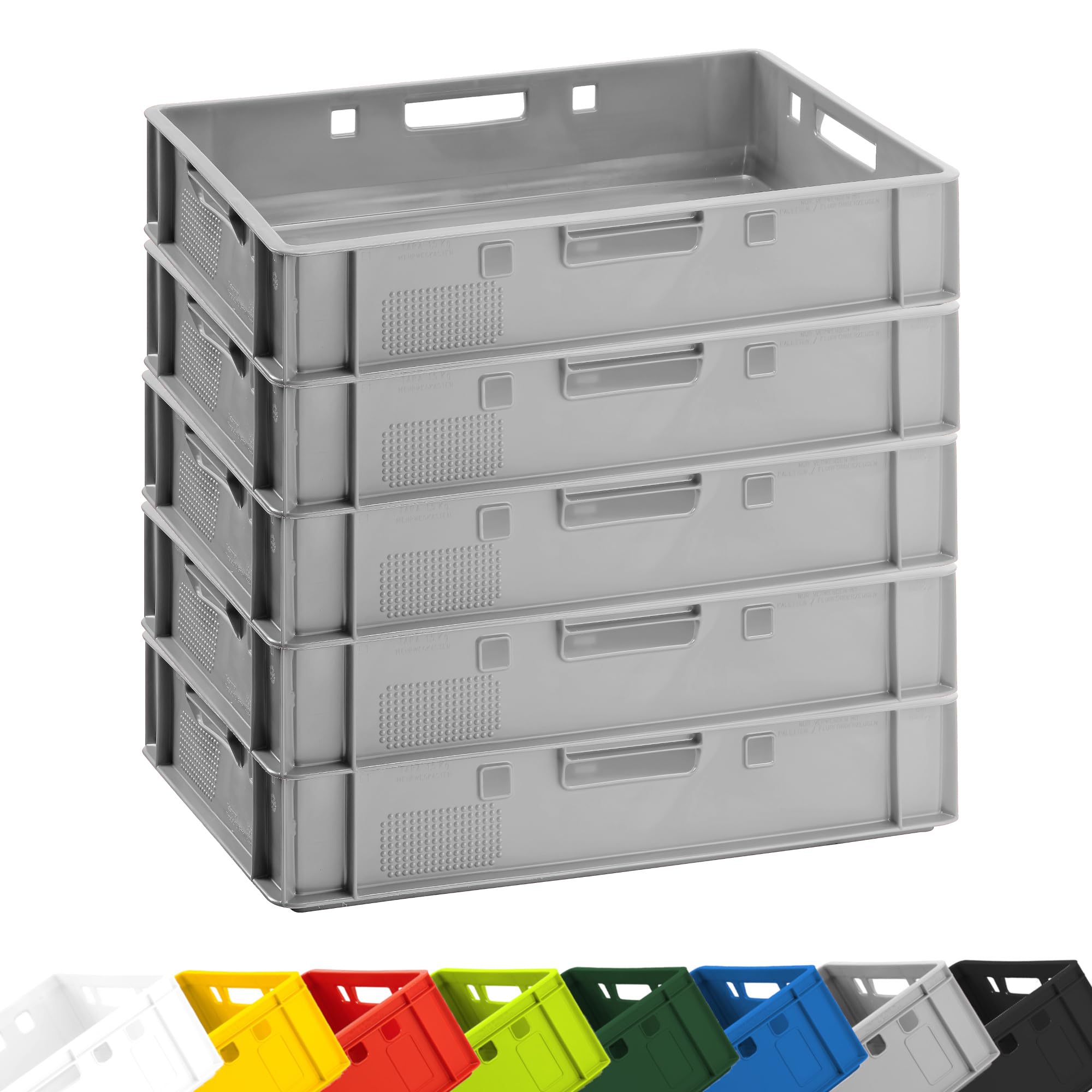Fleischkiste E1 60x40x12,5 cm Eurobox 5er Set Grau lebensmittelecht robust | BURI, stapelbar, Kunststoff, Made in Germany, Lagerbox, Transportbehälter, belastbar, Normmaß, flach, langlebig