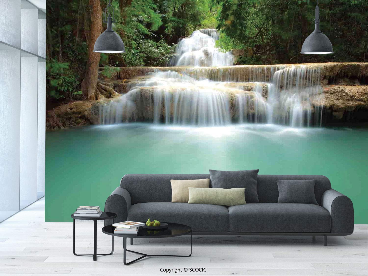 aosup №13462 Canvas Art Wall Mural Decor | Waterfall,Falling Stream Waterfall Natural Pond Thailand Vacation Theme Print,Almond Green Brown White | 100"X144"