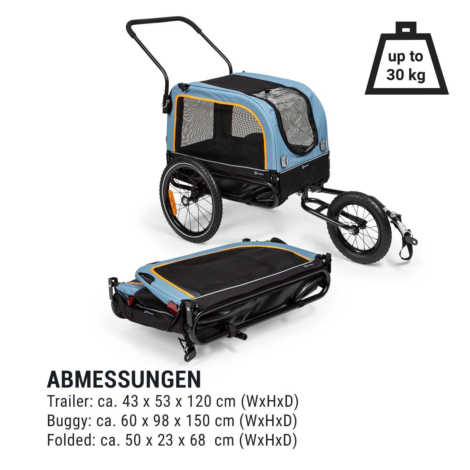 KLARFIT Corgi 2 en 1 Remolque de Bicicleta y Silla de Paseo para Perros - Remolque para Perros con Capacidad máxima de 30 kg, Marco de Acero Revestido en Polvo, banderín, 600D Oxford Canvas