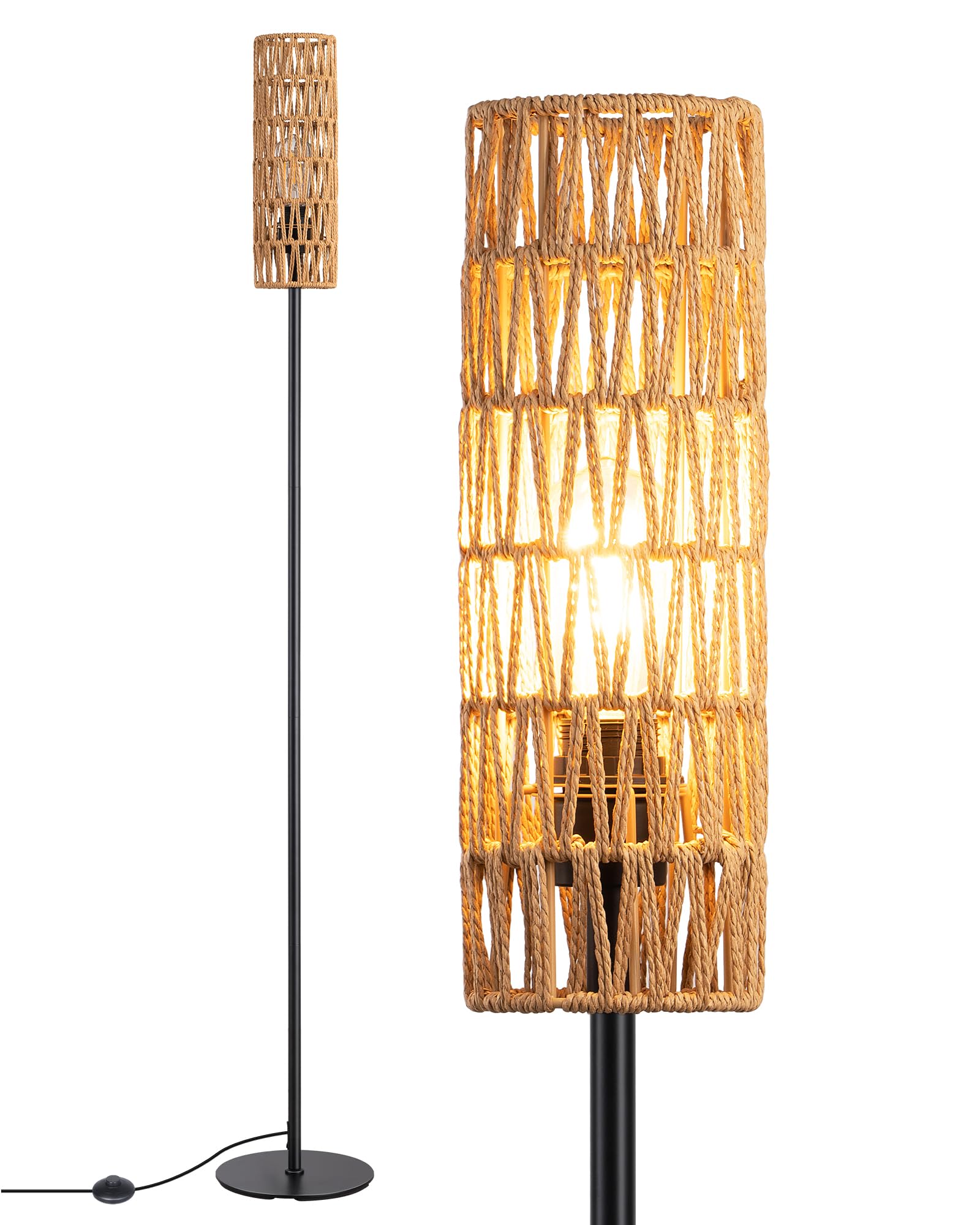 EDISHINE LED Floor Lamp, Rattan Standing Lamp, Boho Rustic Floor Lamps for Living Room, Bedroom, 165cm, E27 Socket, LED Bulb Included, Foot Switch, Hollow LampshadeGlobal Recycled StandardGlobal Recycled StandardGlobal Recycled Standard