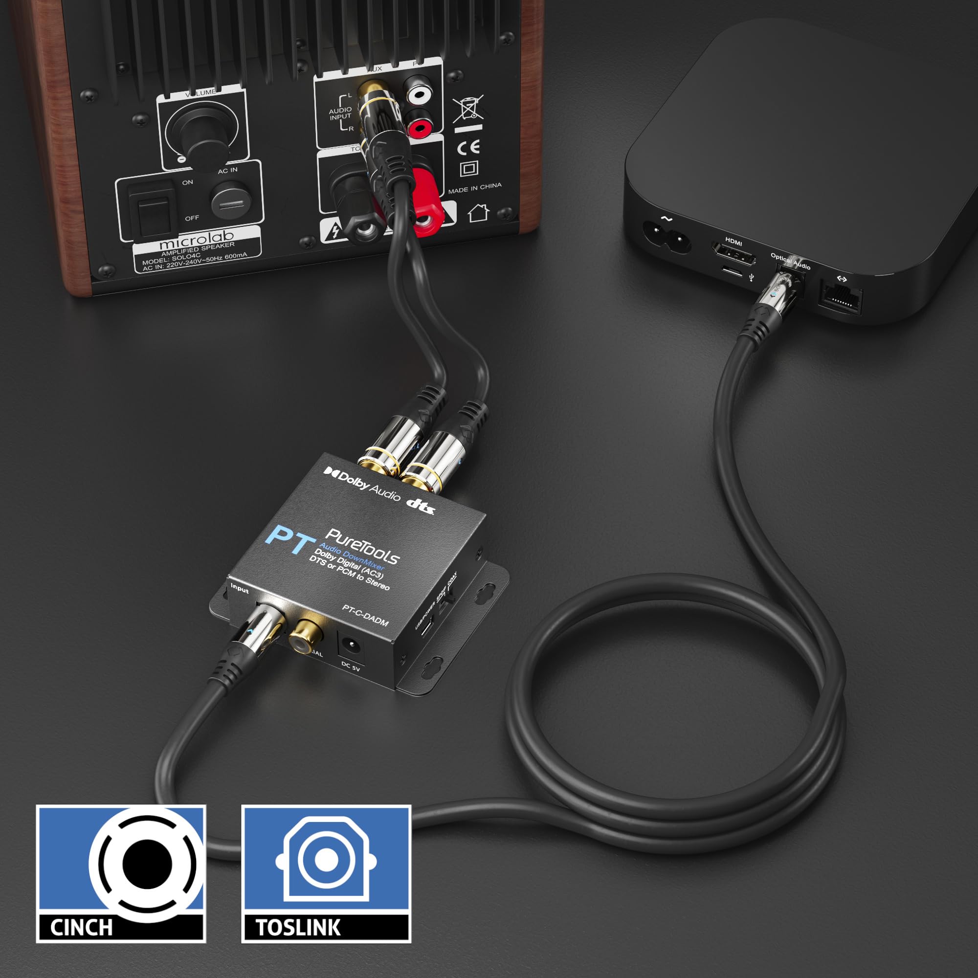 PureTools - Convertitore digitale/analogico, Dolby/DTS DownMixer, Dolby Digital (AC3), DTS o PCM a stereo, nero