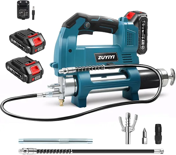 ZUYIYI Cordless Power Grease Gun, 12000 PSI, 5.7 oz/min Electric Grease Gun Kit, 17 OZ Capacity, with 2×2.0Ah Battery & Charger, 35.4" & 11.8" Hose, LED Light for Machinery Maintenance