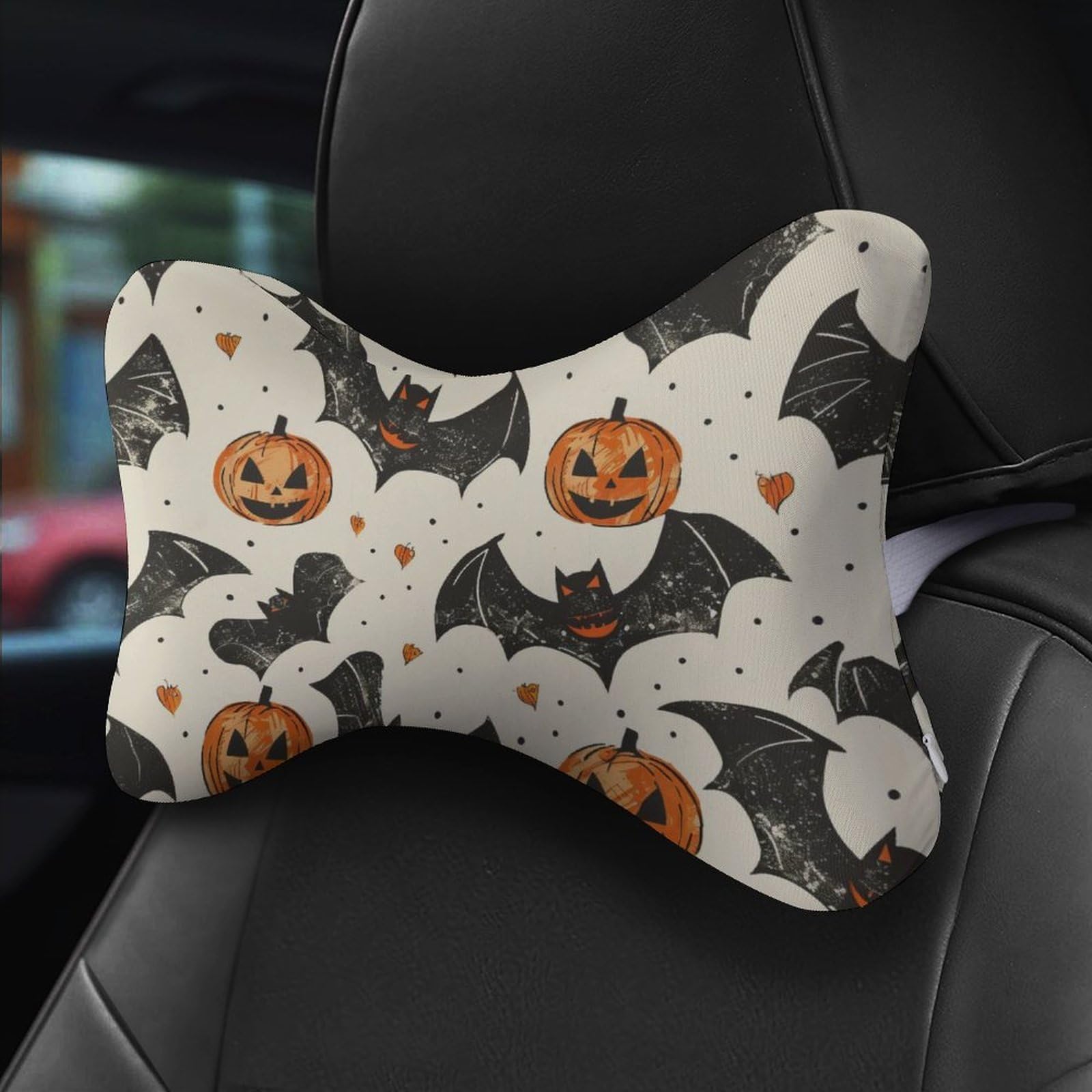 SMAZDFXX Bats Pumpkins Halloween Car Neck Pillow Set of 2 Car Seat Head Support Cushion Bone Pillows with Elastic Strap