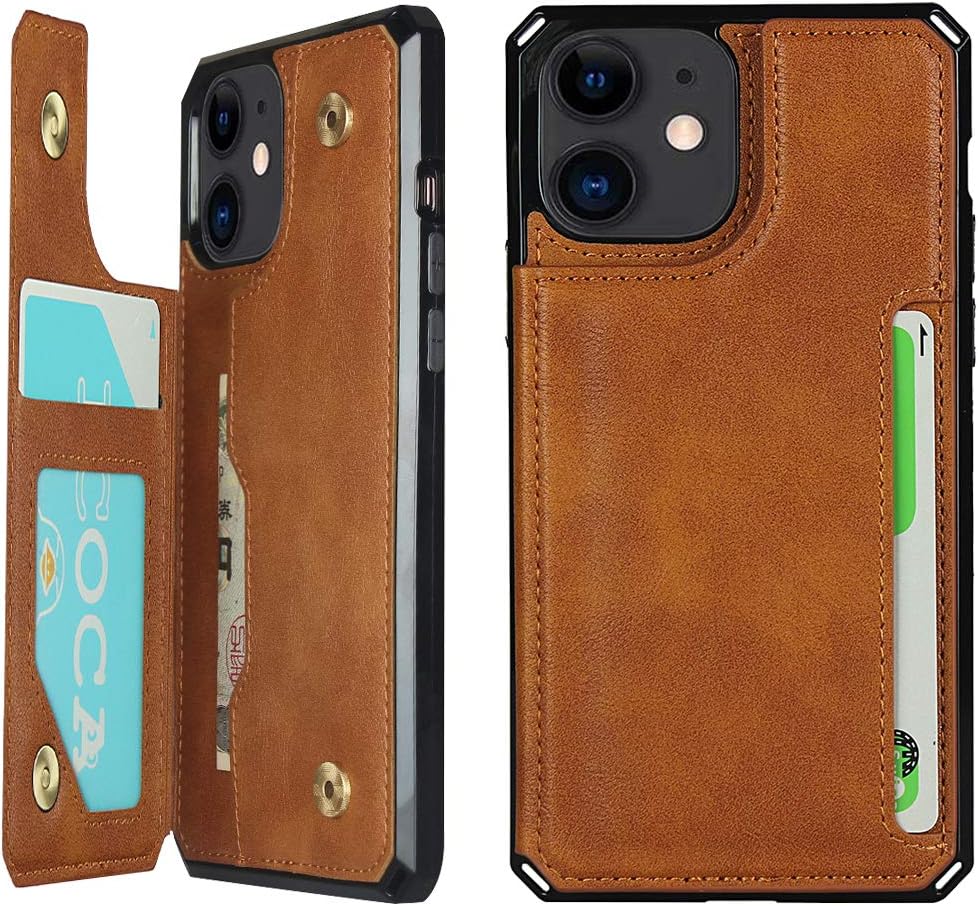 Cavor for iPhone 12 Mini (5.4") Case, Wallet Case with Card Holder [4 Card Slots] [Wrist Strap] PU Leather Flip Shockproof Cover for iPhone 12 Mini - Brown