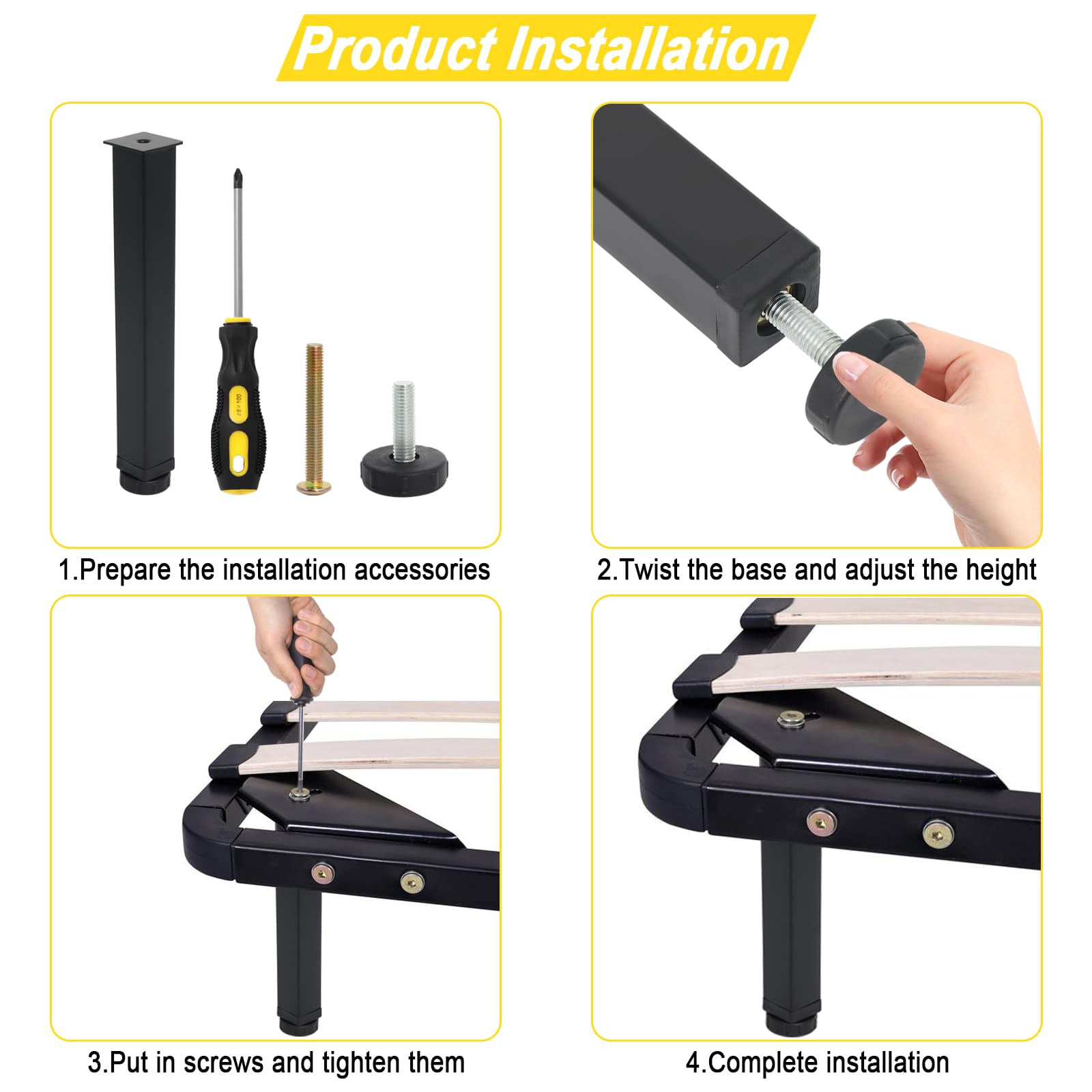Pieds De Lit Réglables SOSALUK 25 Cm - 4 Pièces En Métal Noir | Support Pour Sommier à Lattes, Meubles Et Canapés