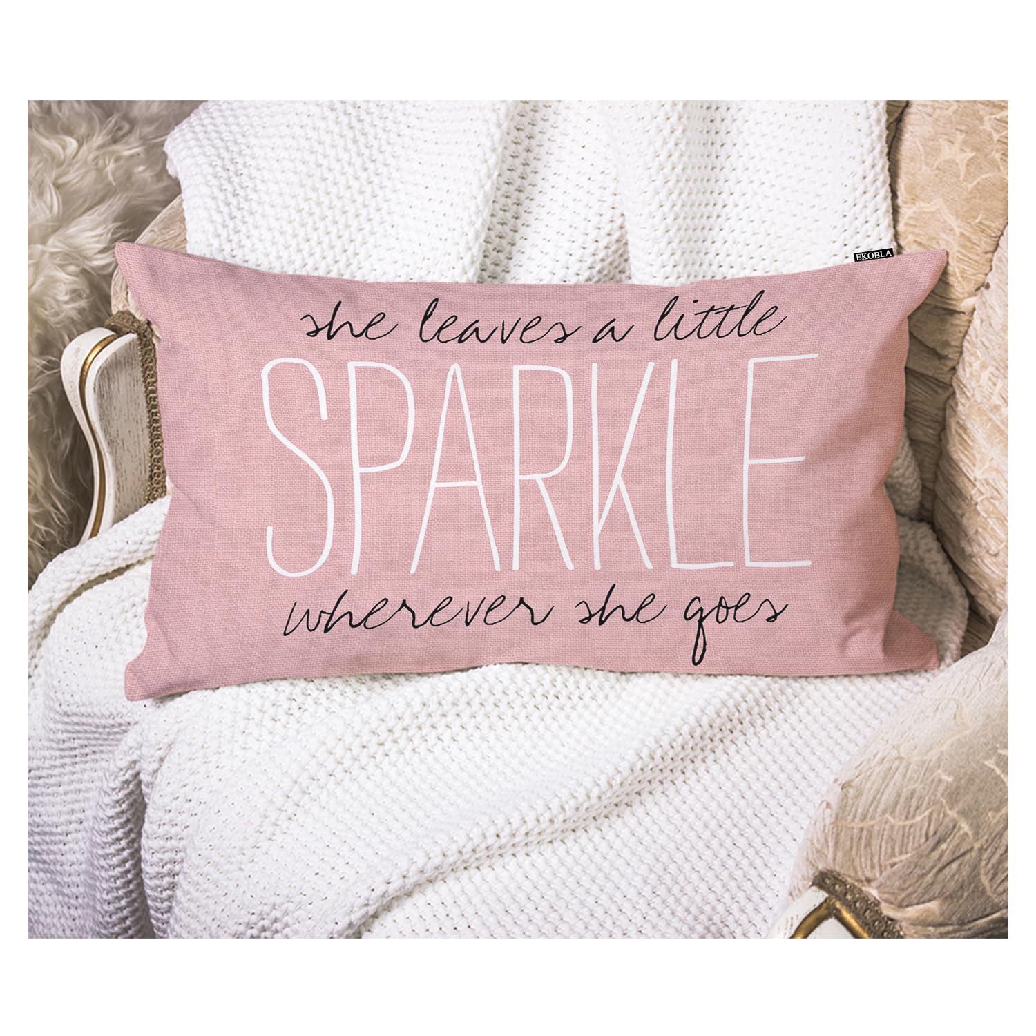 EKOBLAEKOBLA Oblong Rectangle Pillow Covers Pink Sparkle Monogram She Leaves A Little Wherever She Goes Pink Square Cotton Linen Decorative Cushion Case for Couch Sofa Chair Bed 12x20 Inches