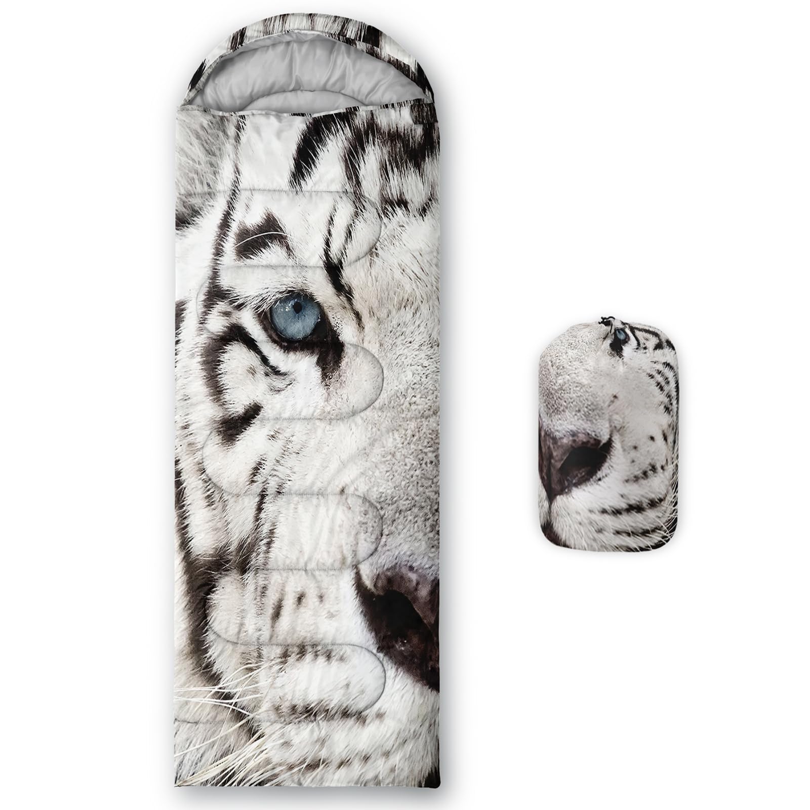 AILONEN White Tiger Camping Sleeping Bags,3 Season Warm and Cool Weather,Lightweight,Waterproof,Safari Animal Tiger Sleeping Bags for Kids Boys Girls Adults,Traveling,and Outdoors