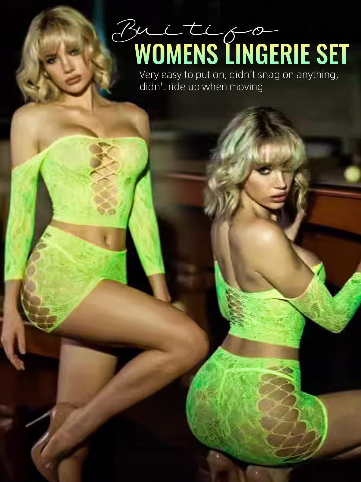 Buitifo Womens Lingerie Set Fishnet BabyDoll Bodysuit Sexy Nightwear: Green One Size