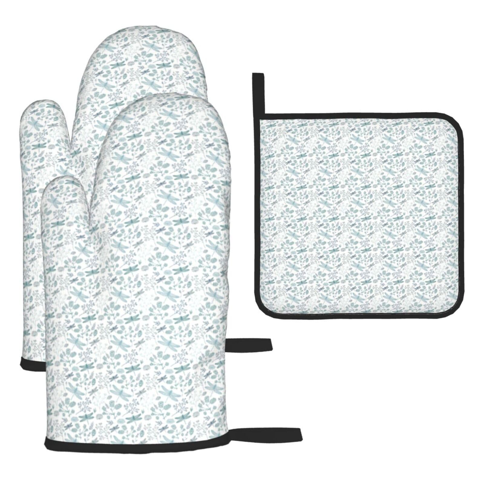 Dragonfly Flower Print Oven Set Kitchen Gloves Baking Grilling Microwaving Cooking Gift Everyday Holiday