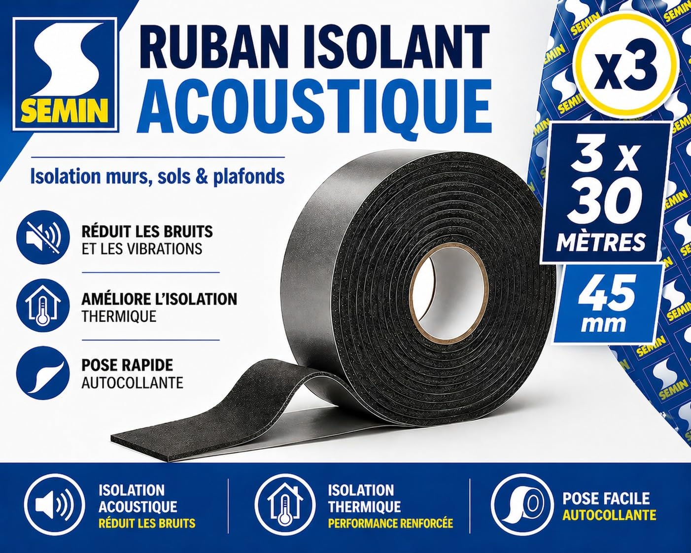 SEMIN Ruban Isolant Acoustique Auto-Adhésif 30m x 45mm – Lot de 3 – Bande Résiliente Cloison & Plafond, Isolation Phonique & Thermique, Pose sur Fourrure Métallique, Mousse Polyuréthane